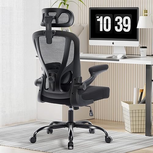 Office Chair Ergonomic Office Chair with Lumbar Support, Head Support, Rocking Function, FILP-up Armrests, Mesh High Back Chair Home Office Desk Chair, Suitable for Home, Office, Black