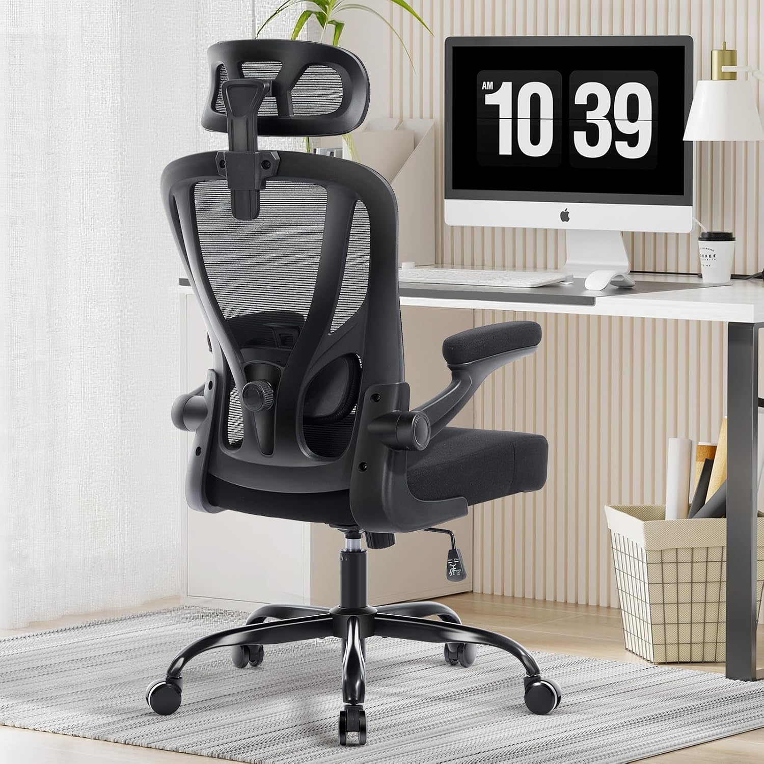 Office Chair Ergonomic Office Chair with Lumbar Support Head Support Rocking Function FILP-up Armrests Mesh High Back Chair