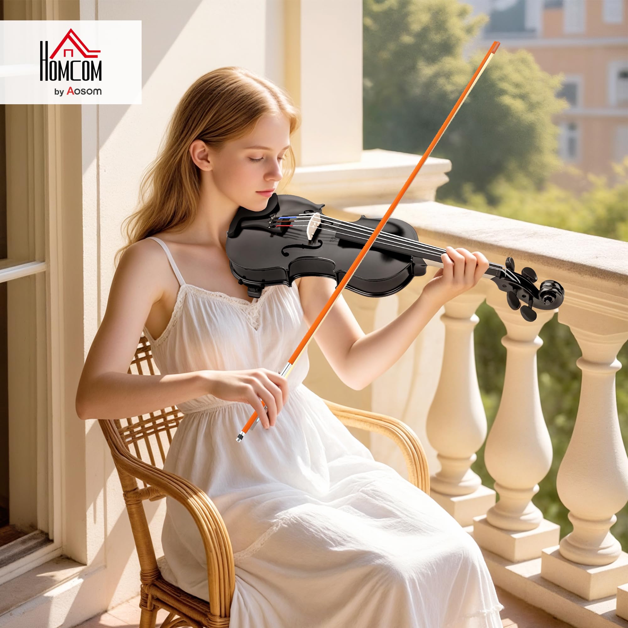 HOMCOM Violine 4/4 Set Massivholz für Erwachsene und Anfänger schwarz | Leichte und tragbare Tasche, Bogen, Kolophonium, Steg, Schulterstütze
