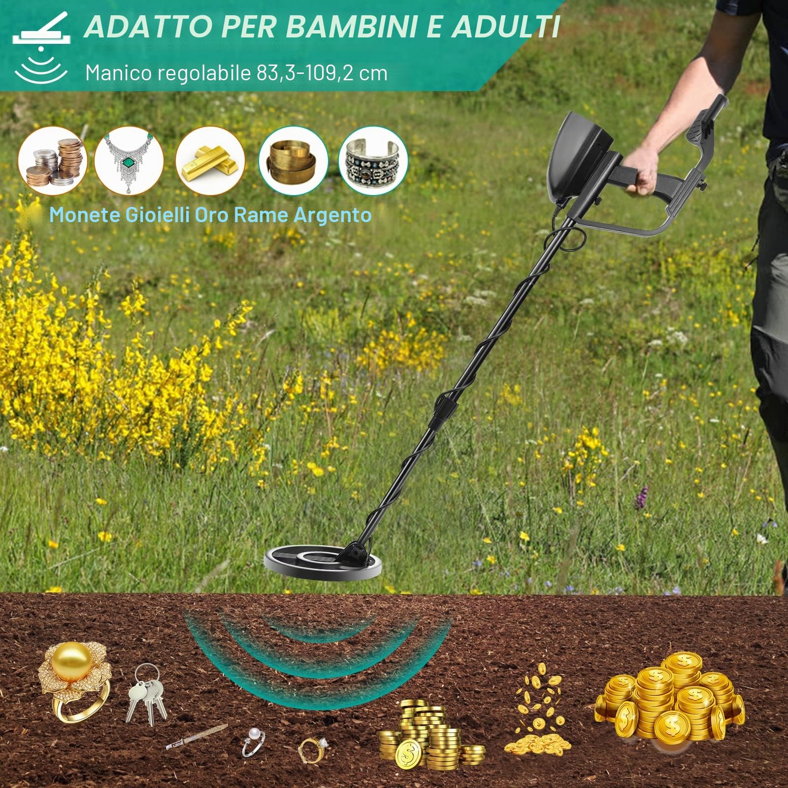 Metal Detector Regolabile ad Alta Precisione Impermeabile 33-43 Pollici Metal Detector con Display LCD per Bambini e Adulti Rilevatore d'Oro Profondità di Rilevamento 34 cm