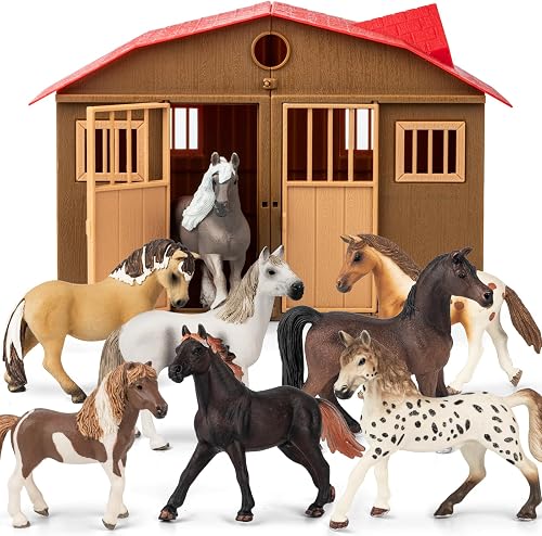 TikOnsYol 8 in 1 Horse Toy Set for Girls 6-12, 8 Pcs Realistic 5'' Plastic Figurines With Stable, Farm Animal Gift for Boys Toddlers Kids Birthday, Black