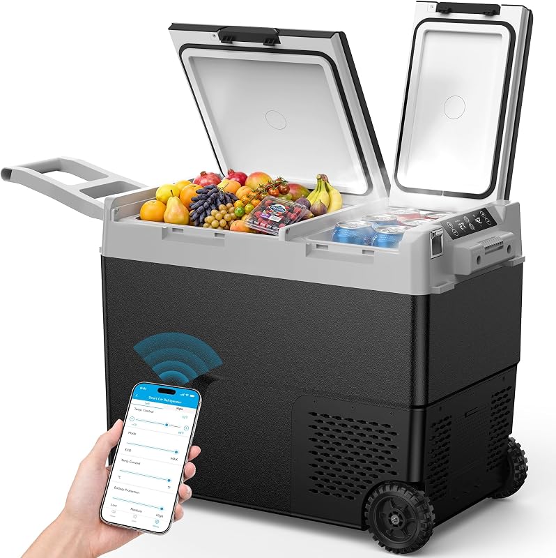 Feelfunn 12V Refrigerator 61QT Dual Zone Portable Freezer, Black | -4℉~68℉ with APP, 15-Min Fast Cooling, Wheeled Design, <45dB Quiet, 12/24V DC & 110-240V AC for Camping, RV
