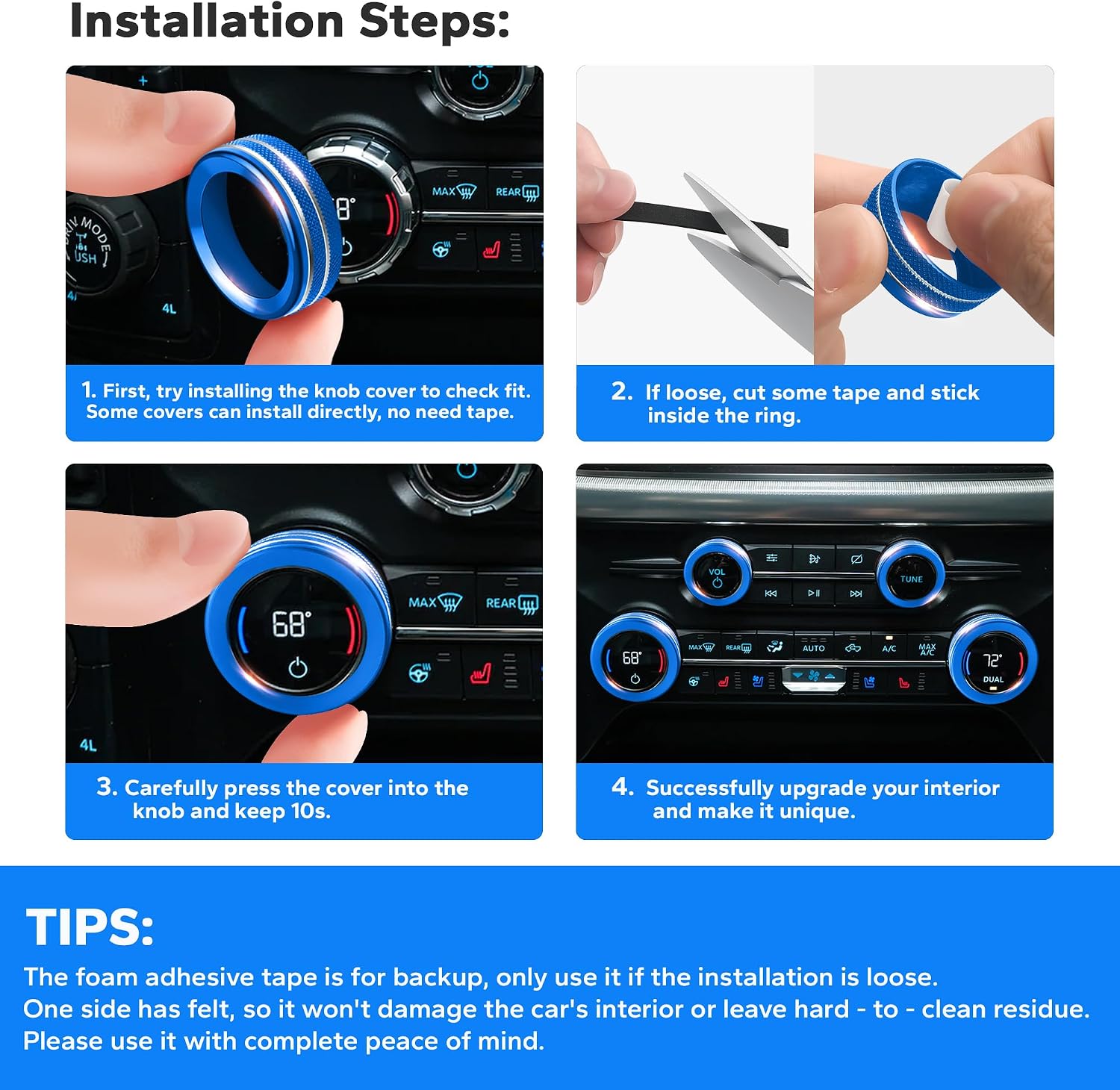 Polodunn for Ford F150 Accessories 2021-2025 2026 & Super Duty F250 F350 F450 2023-2026, 9pcs Aluminum Alloy Knob Cover Trim Set - Push Start, A/C, Volume, Headlight, Trailer & Drive Mode (Blue)
