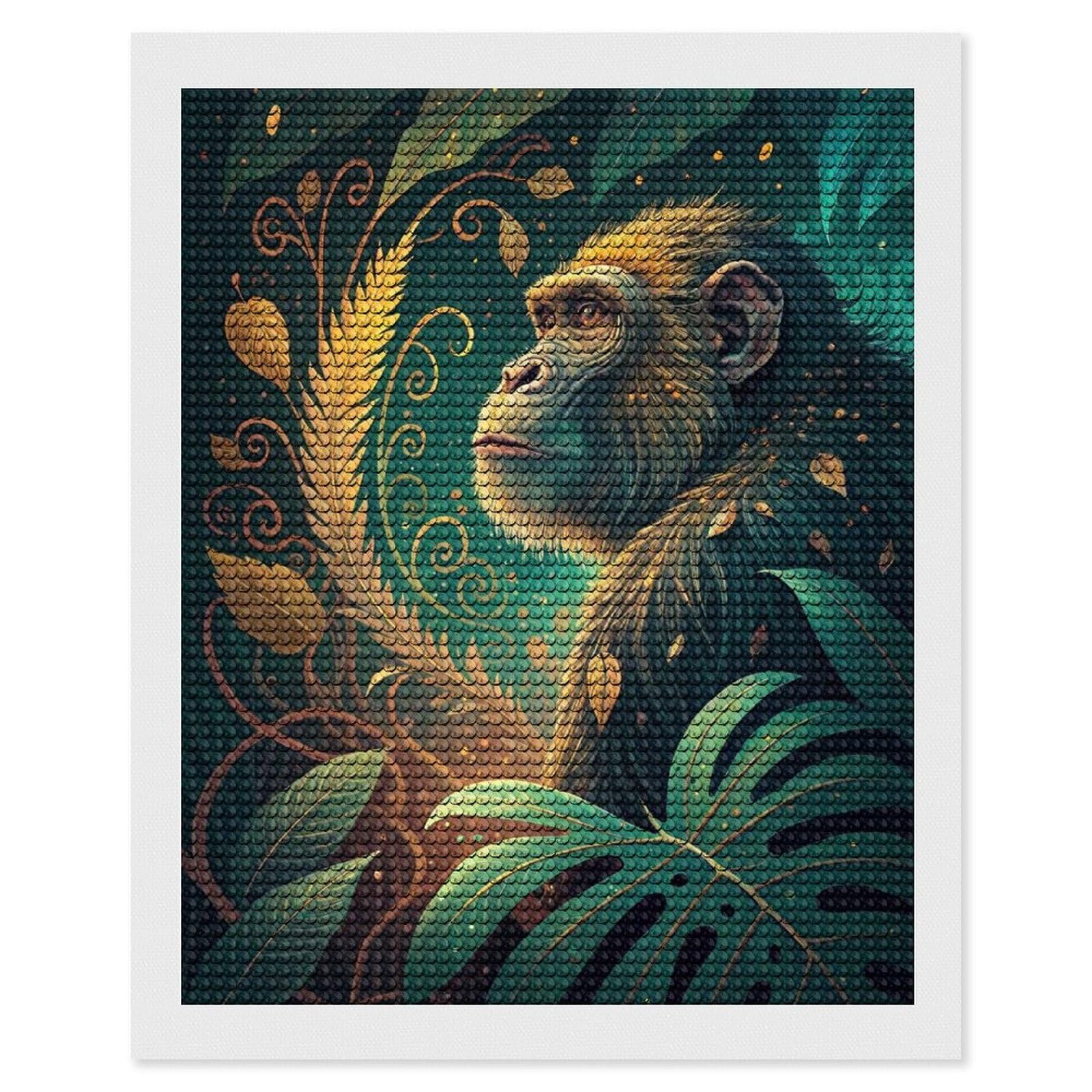 Junmoney Chimpanzee in Lush Jungle Illustration Diamond Painting Set 16"x20", Full Kit Included, Sparkling Round Gems, Farmhouse Decor, Festive Craft Gift