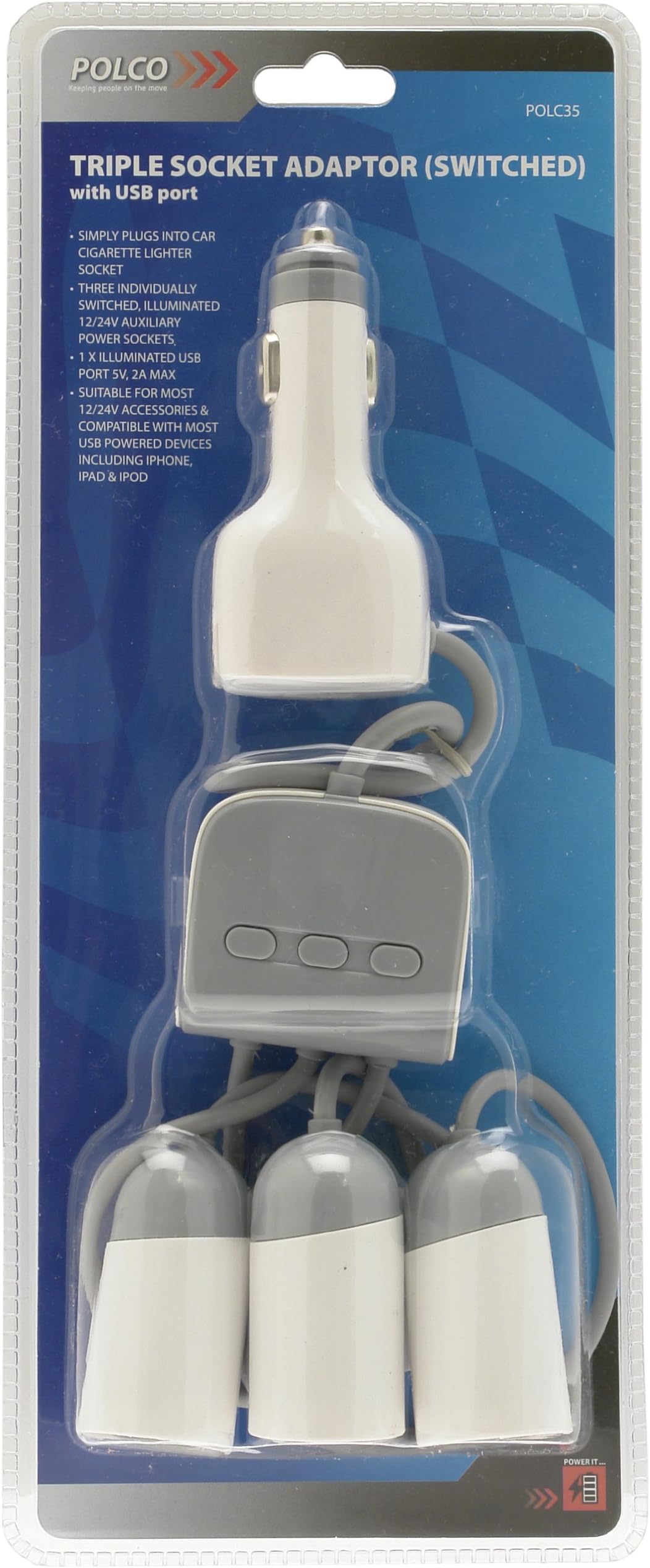 POLC35 Triple Switched Socket with USB, 12 V