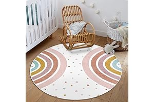 Washable Rainbow Kids Rug, Bohemian Playroom Round Rug, Non-Slip Classroom Carpet