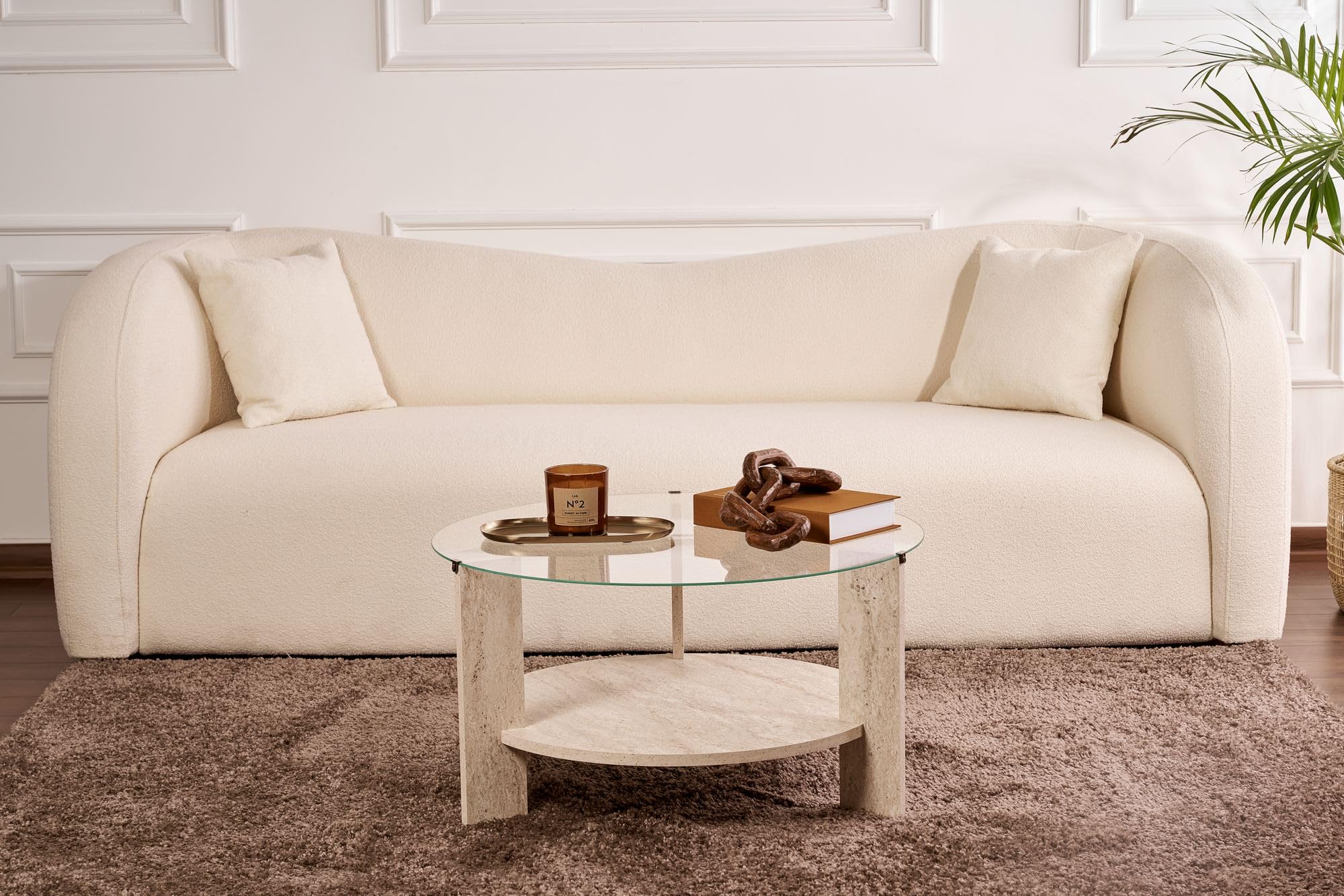 Hanah Home Stilvoller Couchtisch, 75 x 75 x 40 cm | 100% Sicherheitsglas & melaminbeschichtete Spanplatte | Elegantes Design in Travertin & Transparent für Moderne Wohnräume