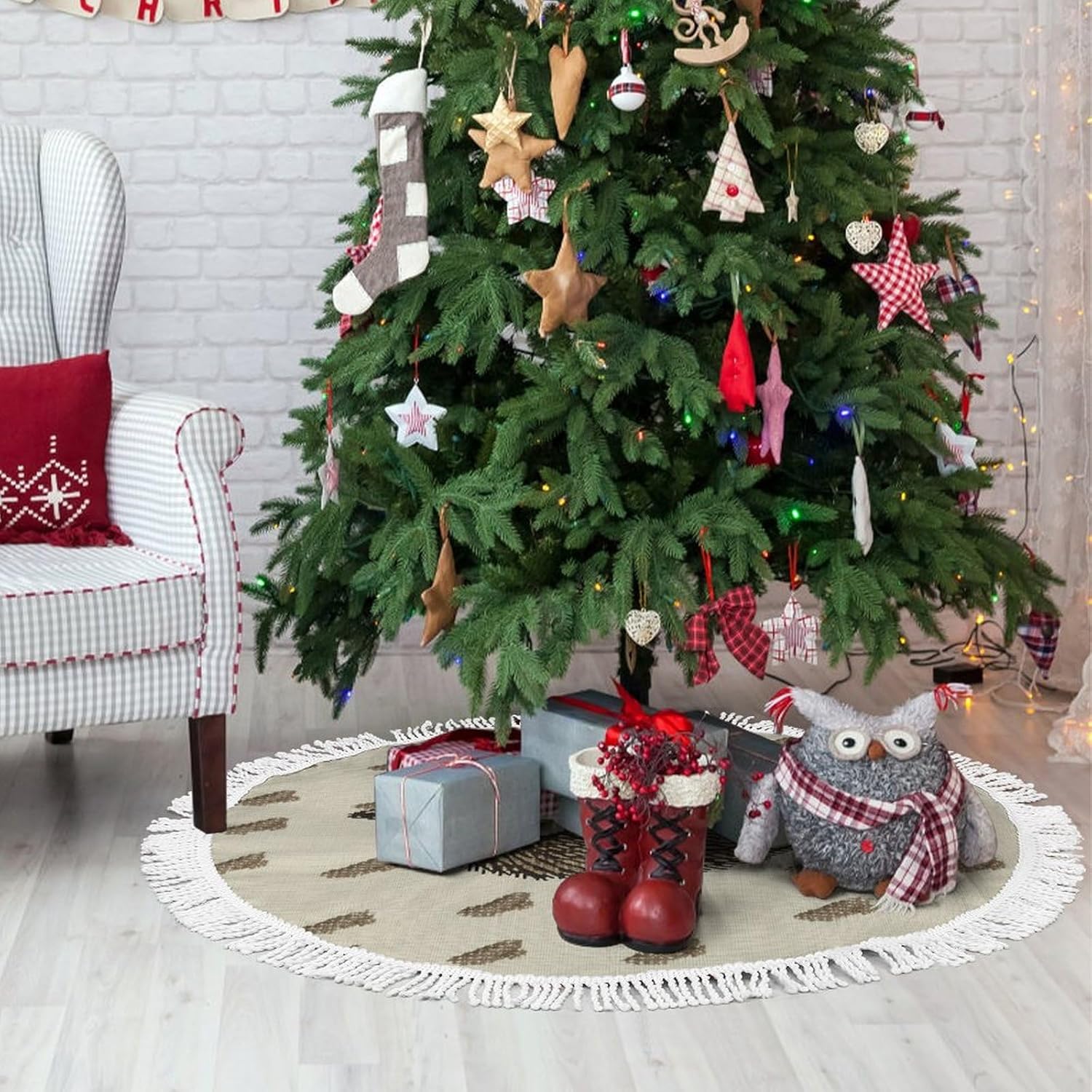 Cute Tassel Christmas Tree Skirt，Halloween Tree Skirt Large Christmas Tree Skirt Christmas Tree Decorations Double Sided Hedgehog Printed Tree Skirt-48in