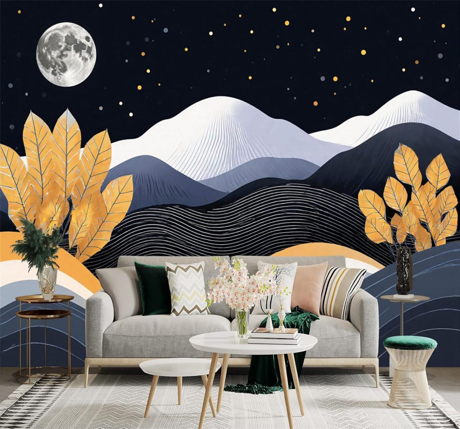 XLMING Abstract Golden Leaves Mountains Moonlight Landscape 3D Wallpaper Silky Texture Home Study Office Grey Dining Room Sofa Bedroom Living Room TV Backdrop-400cm×280cm