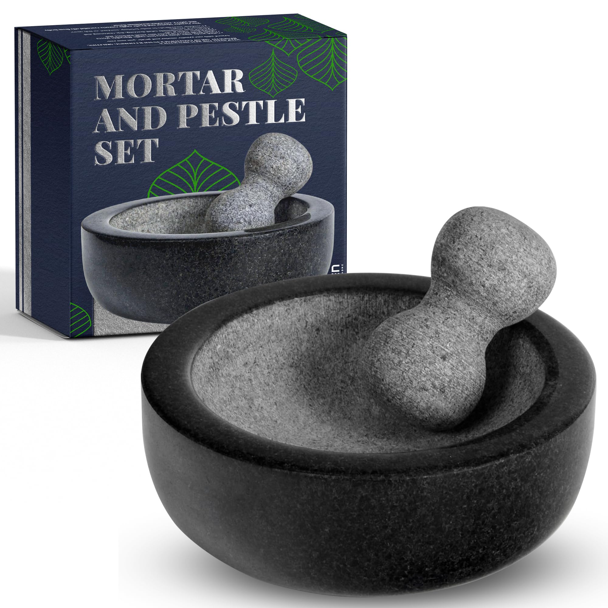 Umien™ Black Granite Mortar and Pestle Set Guacamole Bowl Molcajete 8 Inch - Natural Stone Grinder for Spices, Seasonings, Pastes, Pestos and Guacamole - Extra Bonus Avocado Tool Included