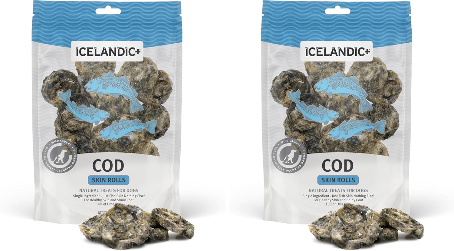 Icelandic+ Skin Rolls: Cod - 3oz Bag,Dog Treats,Pure Wild-Caught Air-Dried Fish,Ingredient Snacks,Pe Chews,Just The Fish Nothing Else,(Pack of 2)