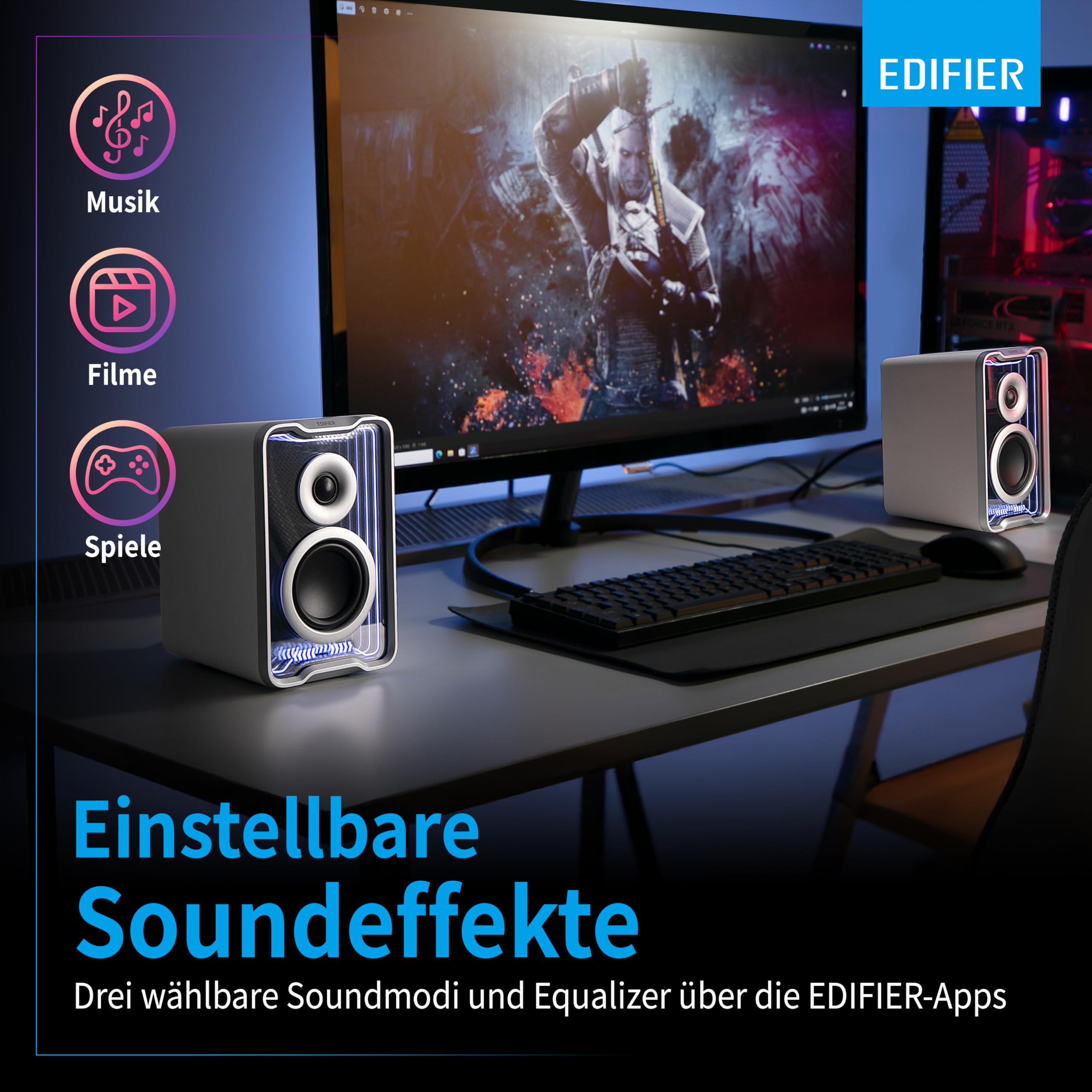 Edifier QR30 Aktiver Desktop-Lautsprecher mit Bluetooth V5.4, dynamische Lichteffekte, 30 Watt RMS – Weiß