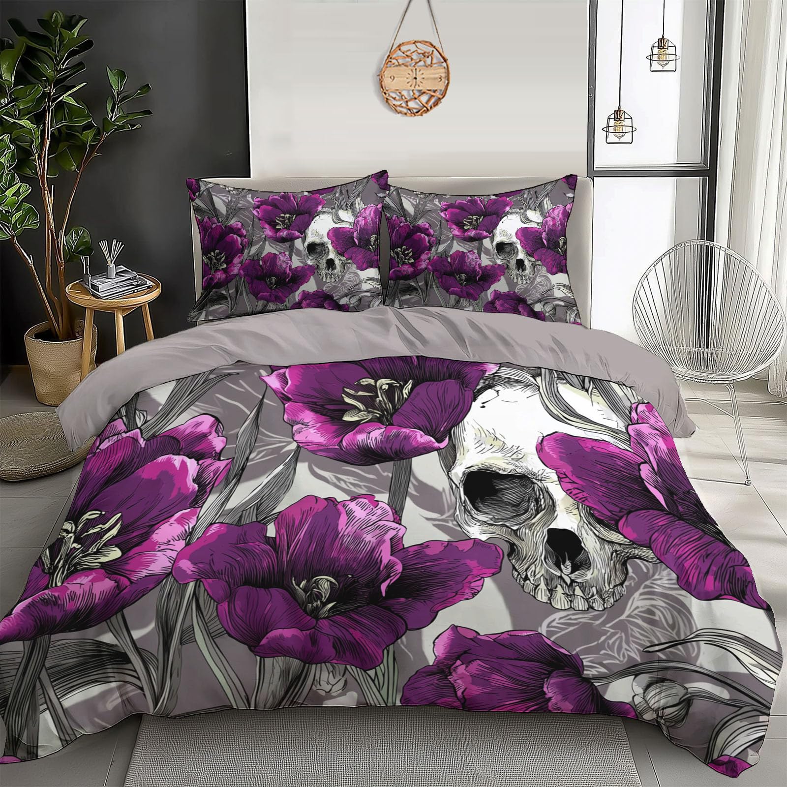 Parure de lit 240x260cm housse de couette gothique 3D violette blanche motif fleurs crânes