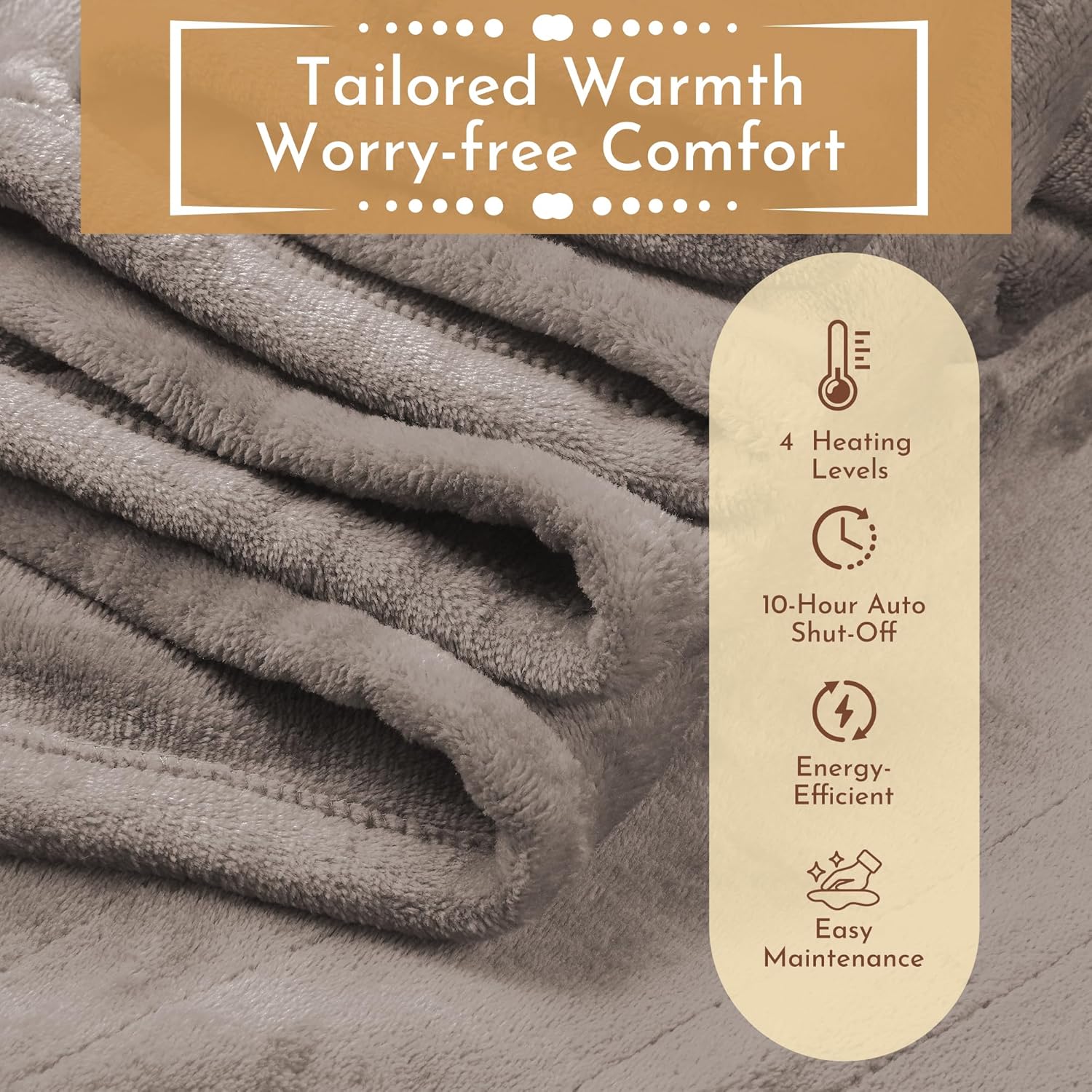 Electric Heated Blanket 62"x84" Twin Size Flannel Heated Blanket, Cozy & Warm for All Night, 4 Heat Settings & 10 Hours Auto Off, Machine Washable, Linen - Image 8