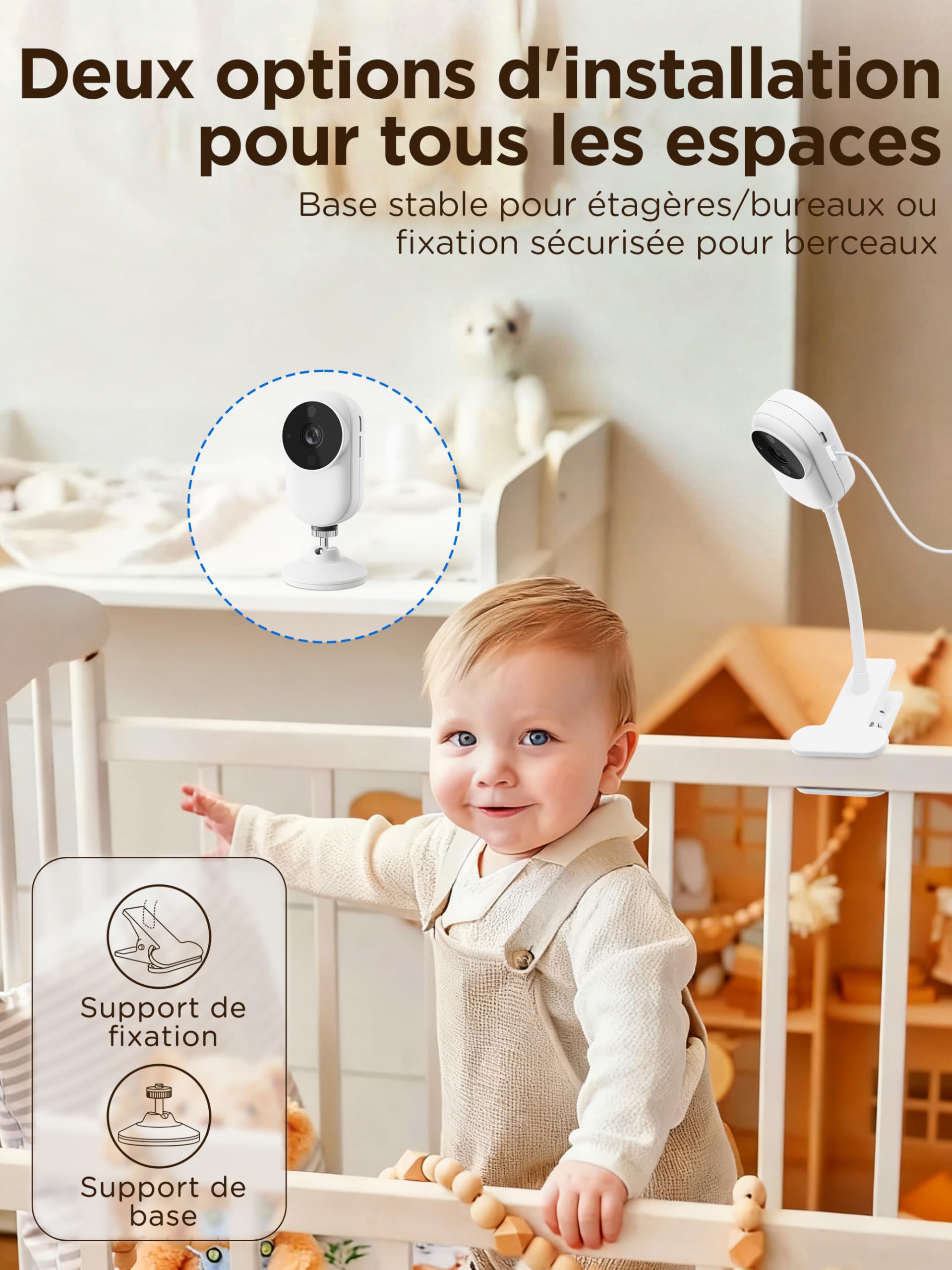 NUOTUN Babyphone Camera sans WiFi avec Support Lit, 1080P Camera Bebe Surveillance avec 3.5" IPS écran, Audio Bidirectionnel, Détection des Pleurs, Vision Nocturne, Berceuses