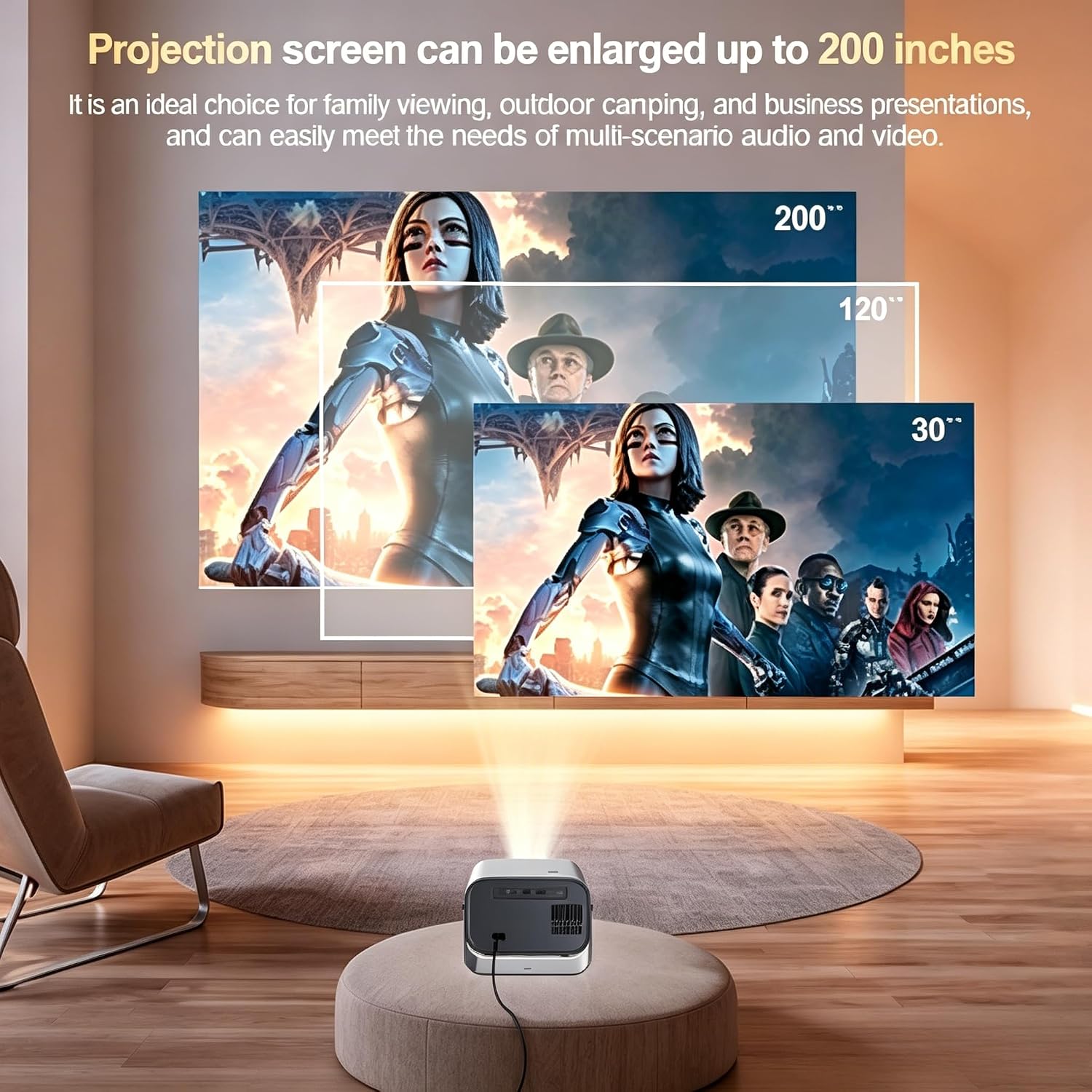 Portable Projector with Built-in Apps, Mini Smart Android Projector, Electric Focus & Auto Keystone, Dual Band WiFi Bluetooth, 1080P Supported Home Theater Outdoor Movie Projector