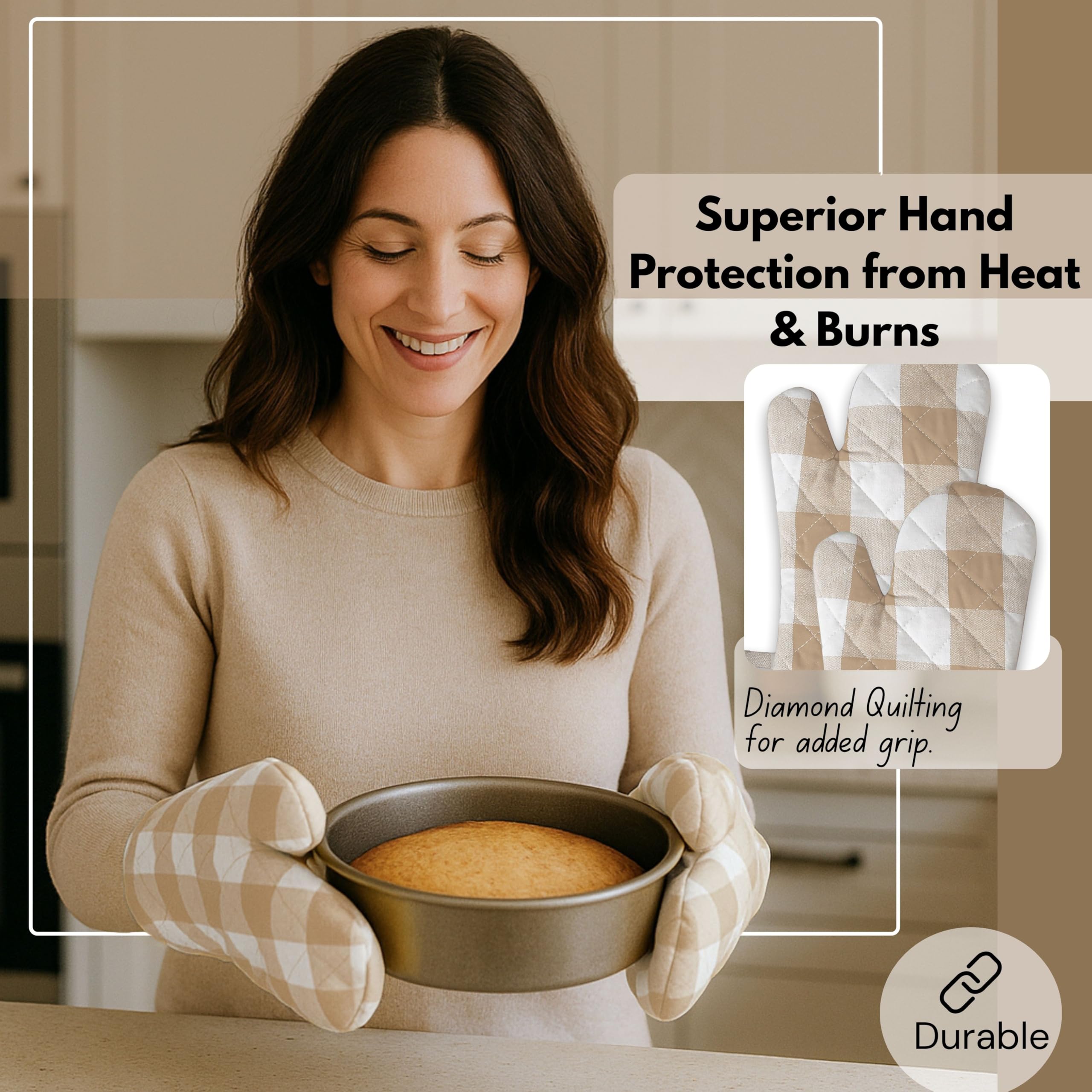 Native Fab Buffalo - Set di 4 guanti da forno e presine a quadri in 100% cotone, resistenti al calore, 2 guanti da forno (7 x 13), 2 presine (8 x 8) per cucinare e cuocere, beige bianco