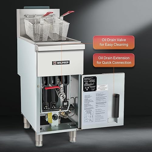 Miniatura 6 de WILPREP Freidora comercial de suelo de gas, freidora comercial de 3 quemadores con 2 cestas 90000 BTU 40 lb. Capacidad 400 F Temperatura constante,