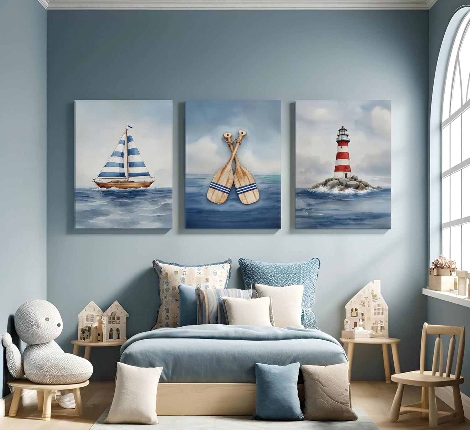 Blue Nautical Nursery Wall Art Vintage Sailboat Lighthouse Pictures Wall Decor Boy Coastal Posters Navy Sea Ocean Canvas Print Artwork for Kids Boys Room Playroom Bedroom Decor, Framed