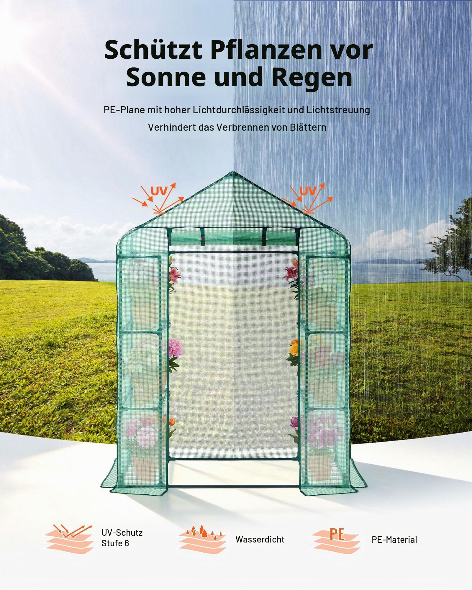 VEVOR Begehbares Gewächshaus, 1,4 x 0,7 x 2,0 m Gewächshaus mit Regalen, Aufbau in Minuten, hochfeste PE-Abdeckung mit Tür & Fenstern und Stahlrahmen, geeignet zum Bepflanzen und Aufbewahren, Grün