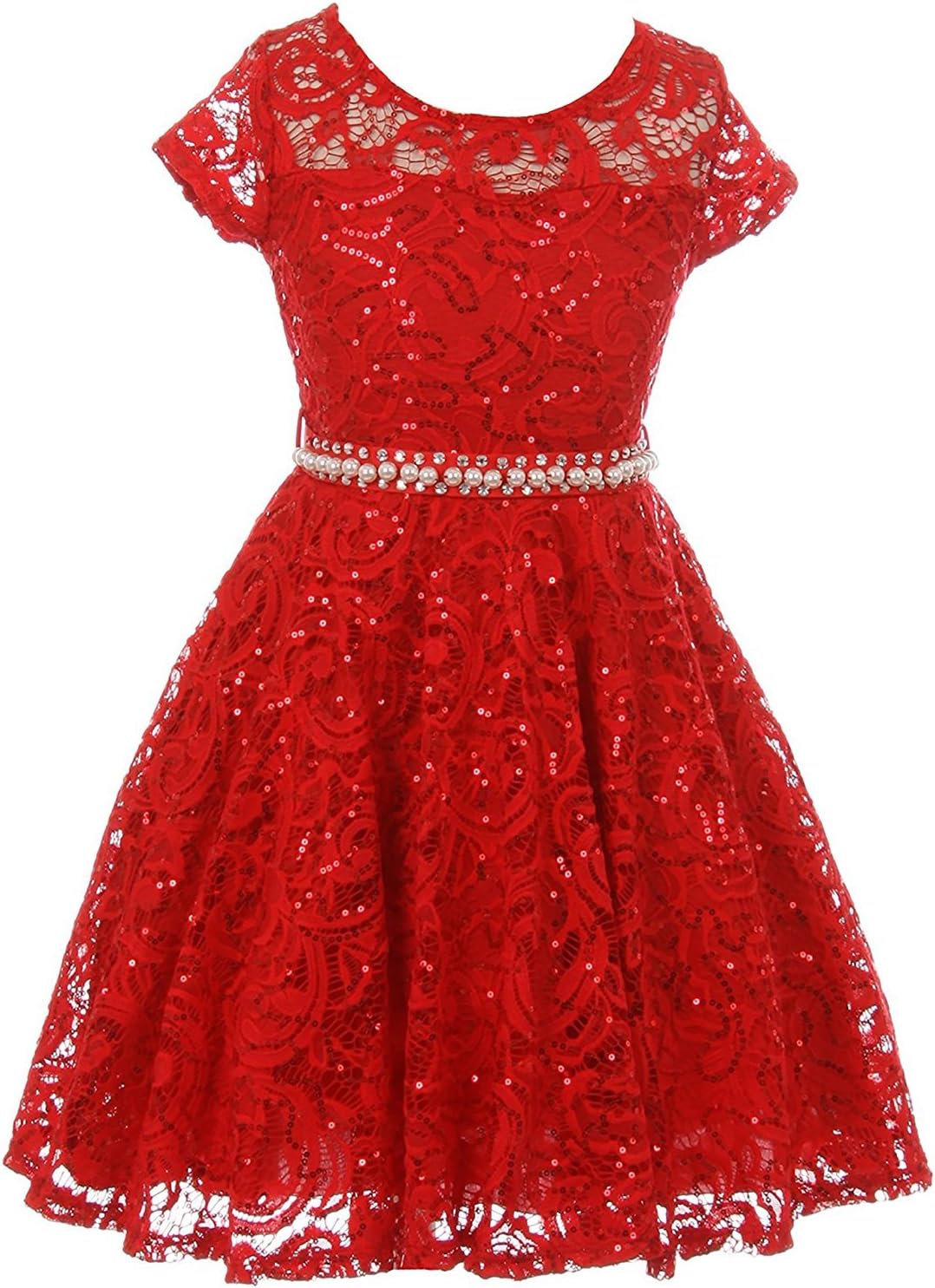 iGirlDress Cap Sleeve Floral Lace Glitter Pearl Holiday Party Flower Girl Dress Size4-14