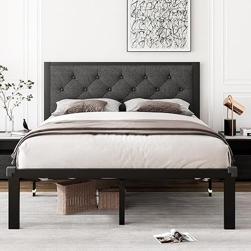 Miniatura 8 de iPormis Marco de cama de metal de tamaño matrimonial, marco de cama de plataforma de lino con cabecero copetudo con botones, espacio debajo de la