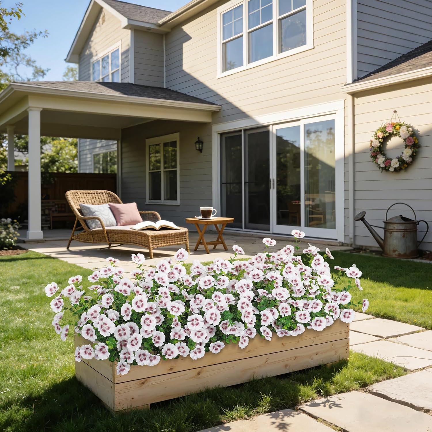 24 Bundles Artificial Flowers for Outdoors Fake Silk Flowers UV Resistant Faux Plants Eucalyptus for Spring Summer Decoration Planters Table Vase Garden Yard Porch Window Home Decor, White