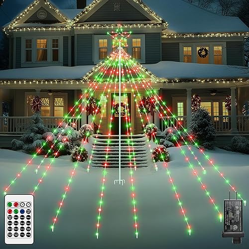 Miniatura 10 de Luces de árbol de Navidad para exteriores, 340 luces LED de decoración de Navidad con estrella superior, luz de Navidad impermeable IP67 con 16