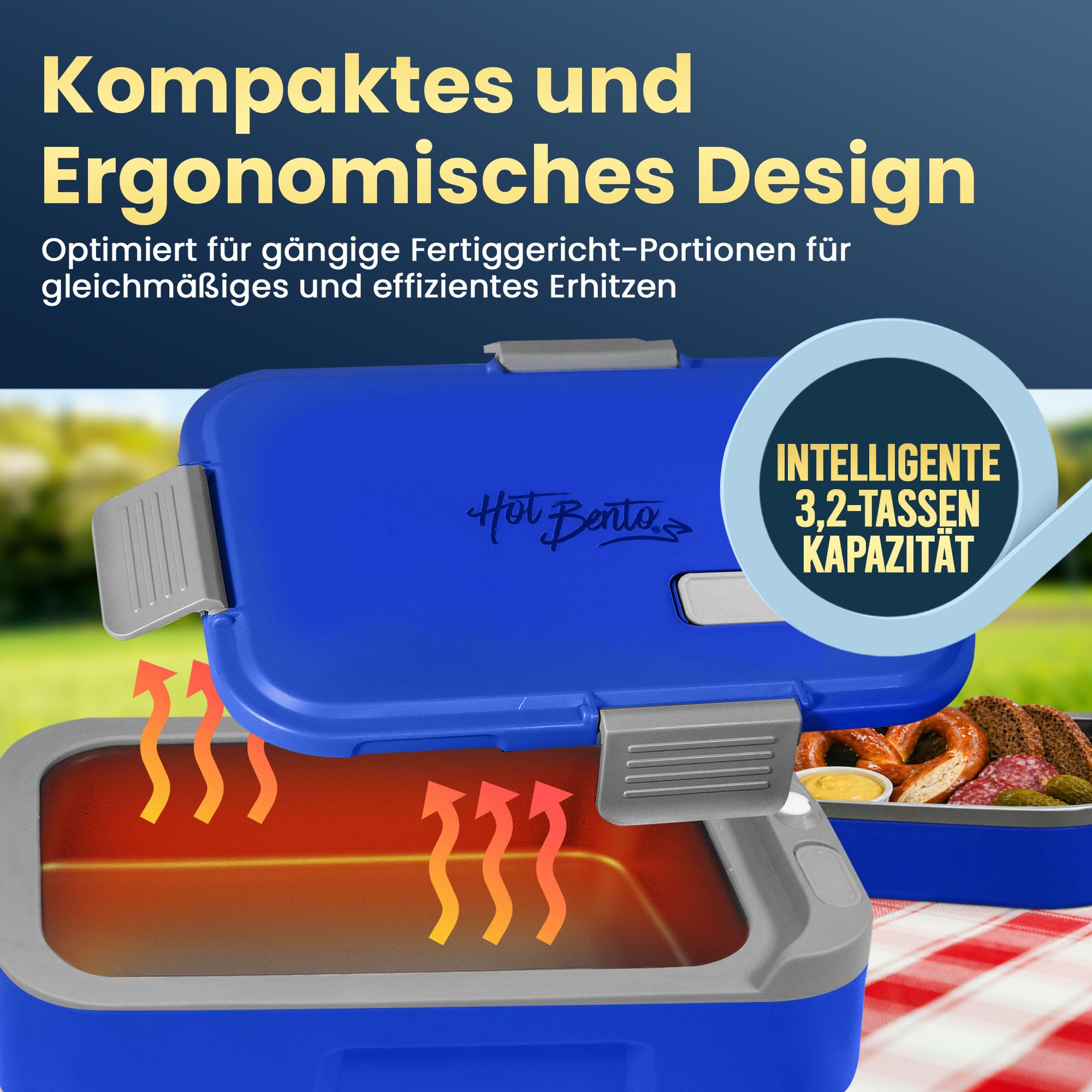 Hot Bento Plus – Elektrische Lunchbox mit Akku, Selbstheizend, Kabellos, Speisenwärmer, Aufladbare Elektrisch Beheizbare Lunchbox – Ozeanblau