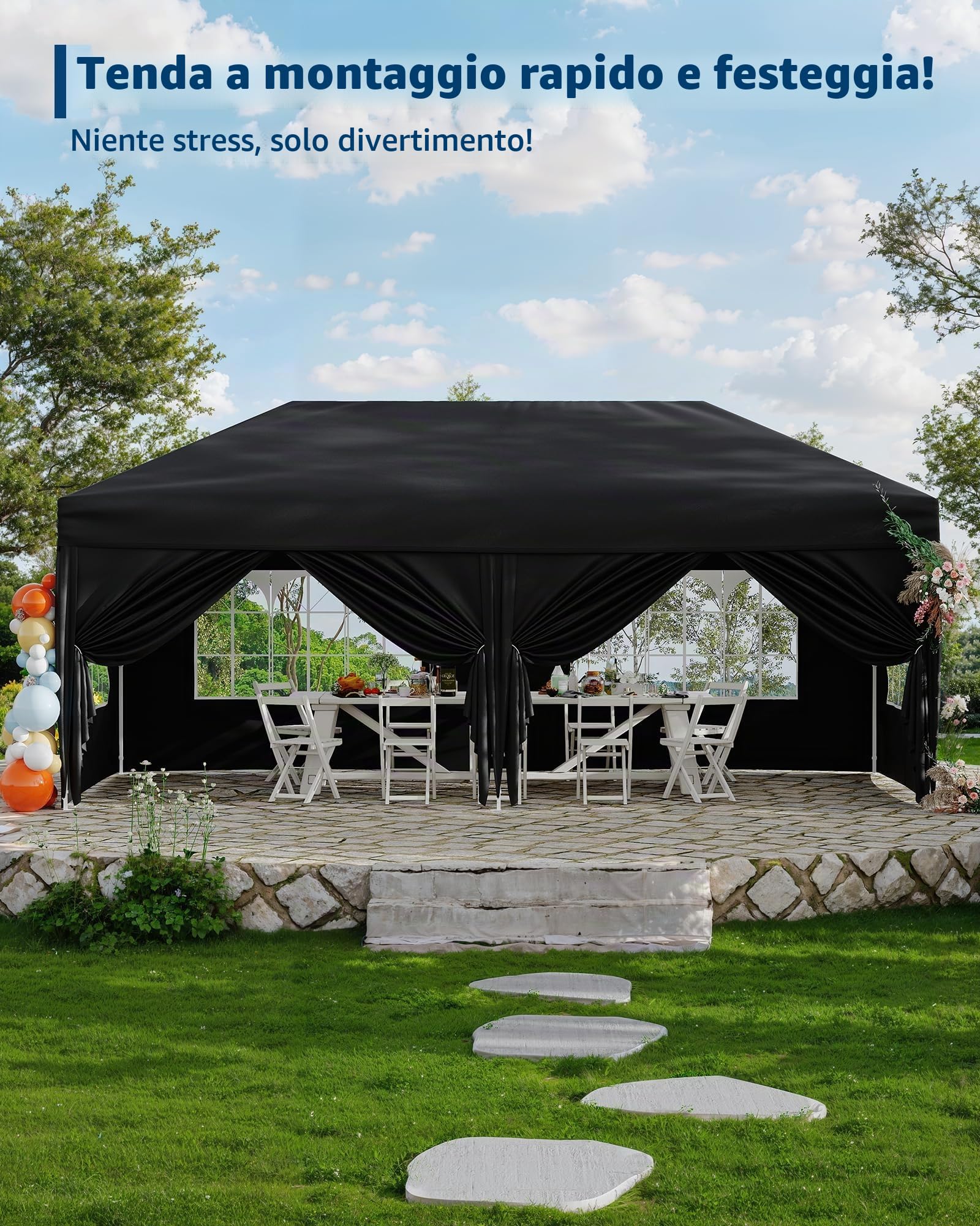 Gazebo Pieghevole 3x6 m da Giardino con 6 Pareti Laterali | Acciaio verniciato, Copertura resistente, 6 pareti laterali, 4 finestre, Giardino, Festa, Campeggio