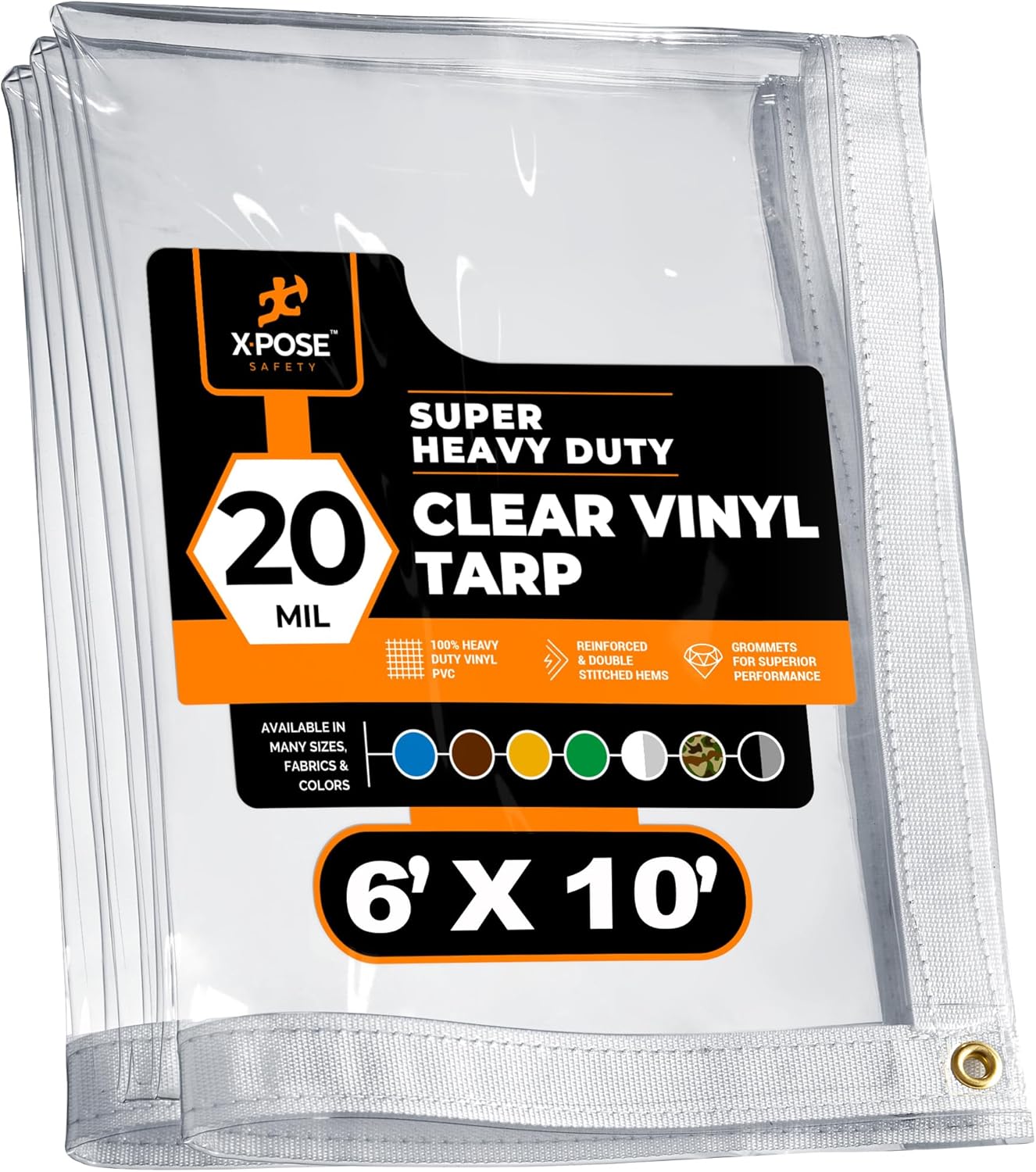 6' x 10' Clear Vinyl Tarp - Super Heavy Duty 20 Mil Transparent Waterproof PVC Tarpaulin with Brass Grommets - for Patio Enclosure, Camping, Outdoor Tent Cover, Porch Canopy - by Xpose Safety 20 Mil 6 Feet x 10 Feet