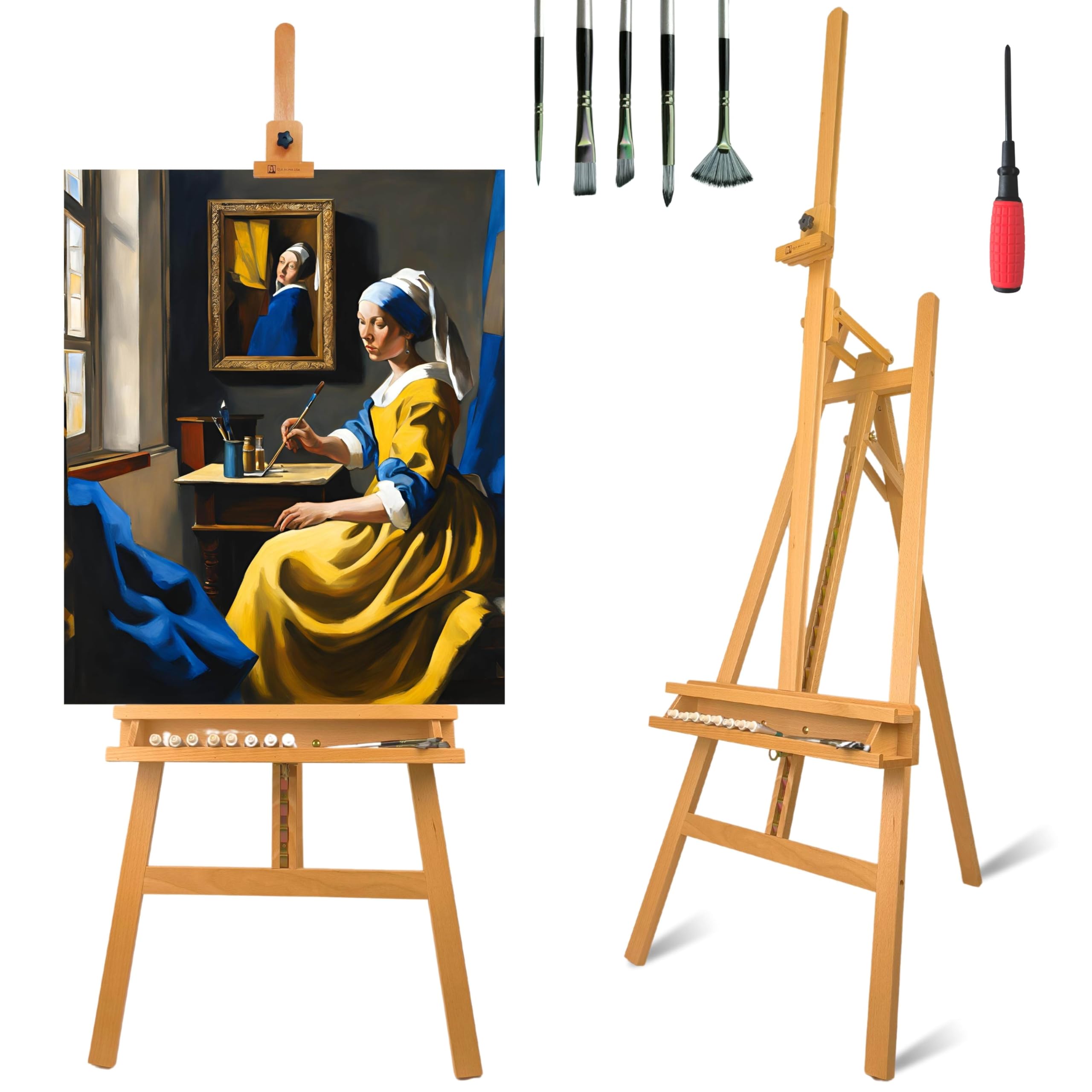 Caballete pintura profesional VERMEER Soporta lienzos grandes hasta 125 cm, Altura Ajustable desde 173-241 cm. Caballete Madera de Haya Fácil de Montar para Adultos, Artistas