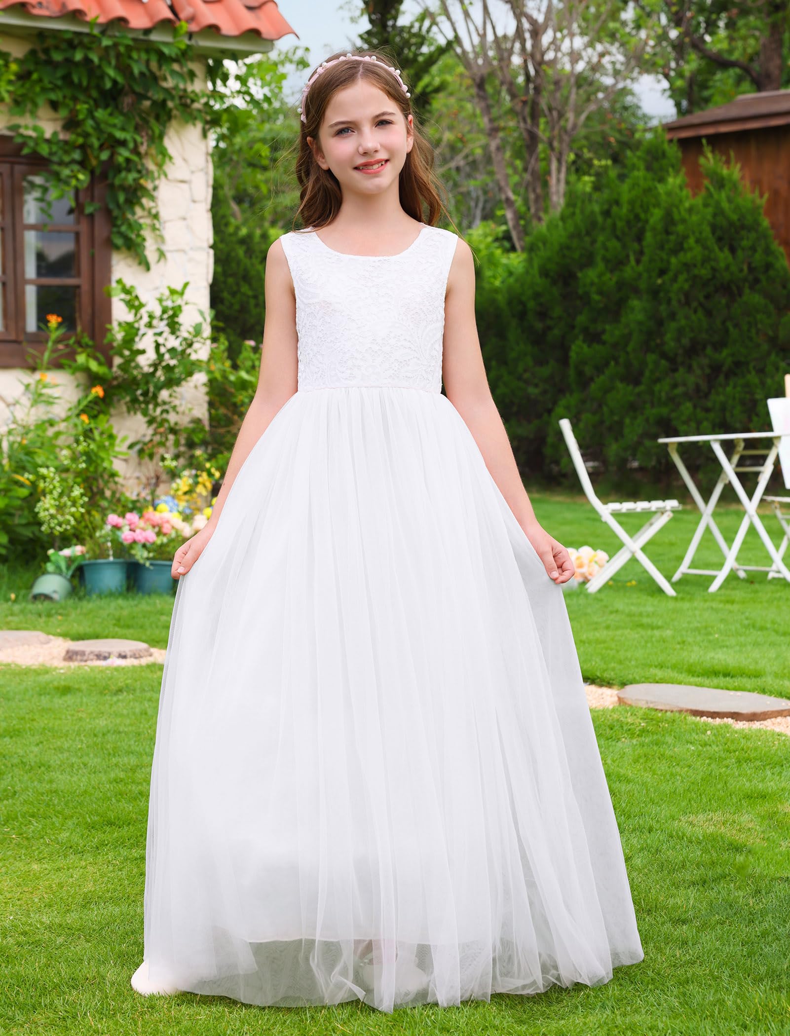 Abito elegante in pizzo, senza maniche, con scollo a V, schiena in tulle, per feste, matrimoni, damigelle d'onore, prima comunione, compleanno, principessa