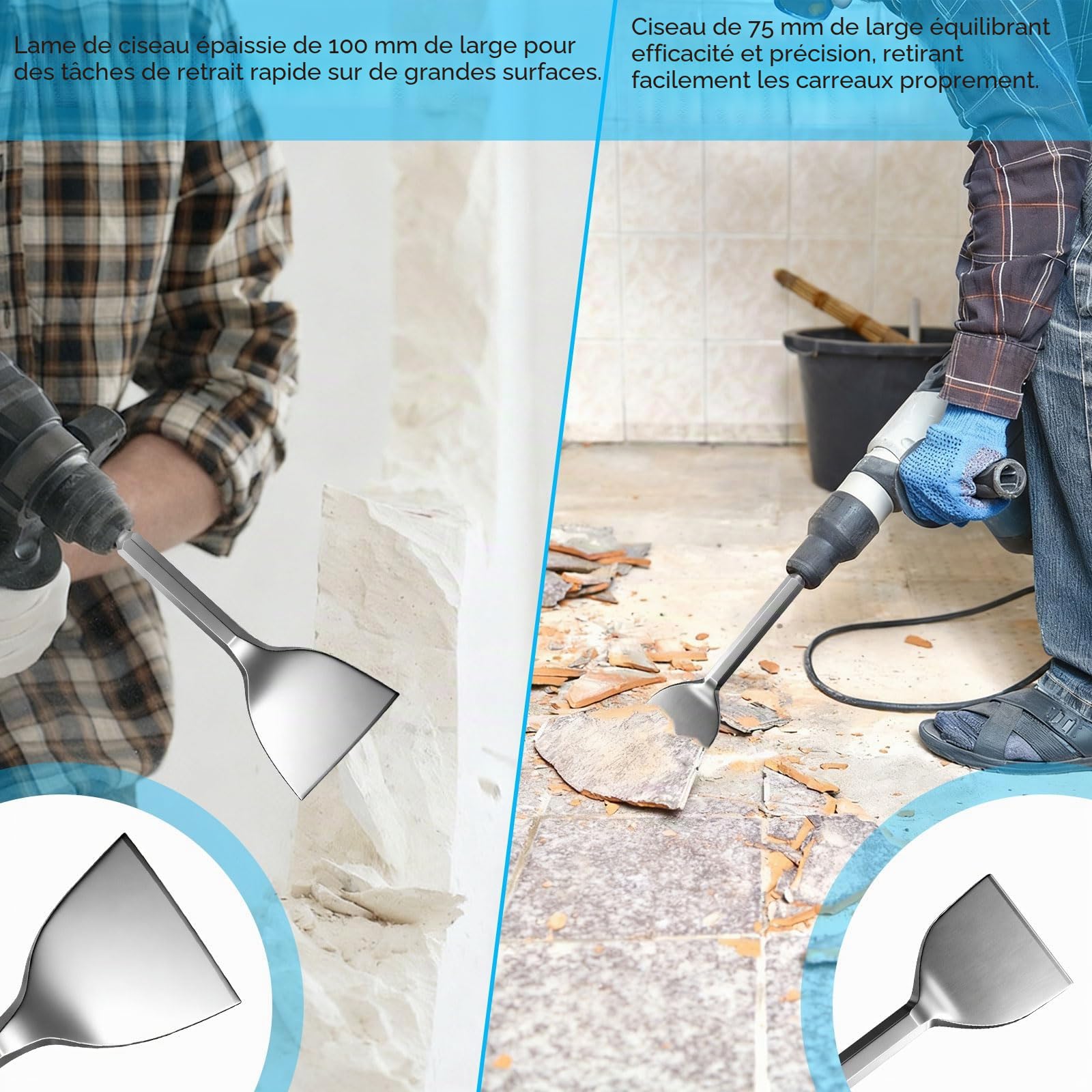 4 Pcs Burin SDS PLUS Carrelage 100mm + 75mm + 40mm + 20mm Burin Plat pour Carreleur SDS-Plus Ciseau à Carrelage pour Céramique béton pierre naturelle - pour Perforateur Burineur