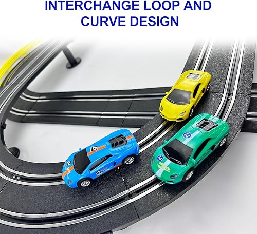 Miniatura 7 de Serie de alta velocidad Tranvía Dual Track Set, 26.9 ft pista eléctrica con 3 vehículos ranura coche carreras, viene con 2 controles manuales y