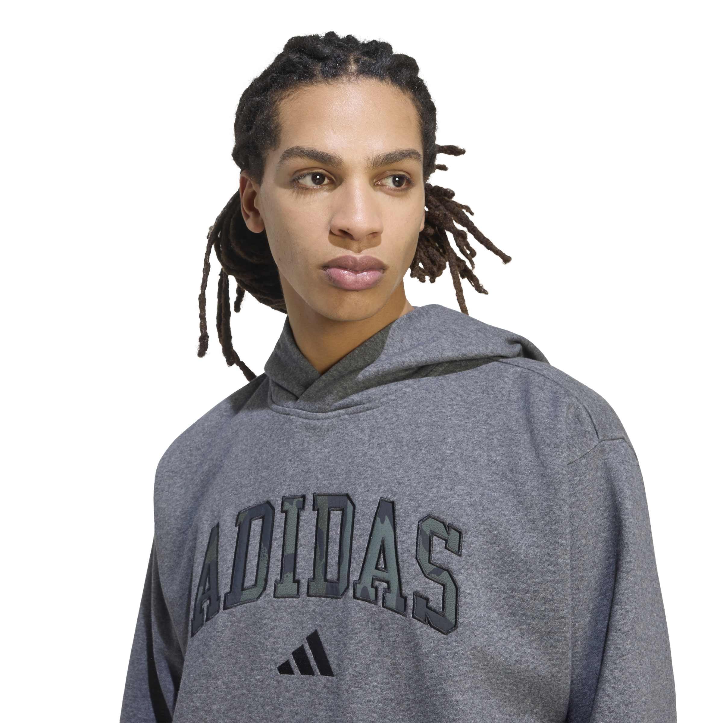 adidas Mezczyzni Seasonal Essentials Camo Hooded Sweat Sweatshirt, dark grey heather/MULTICOLOR, XS