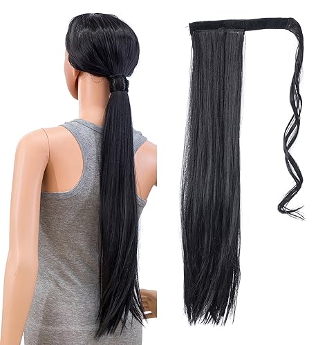 SWACC - Extensiones de pelo largo, lacio y ondulado, en forma de cola de caballo, extensiones de pelo sintético con clip para mujer
