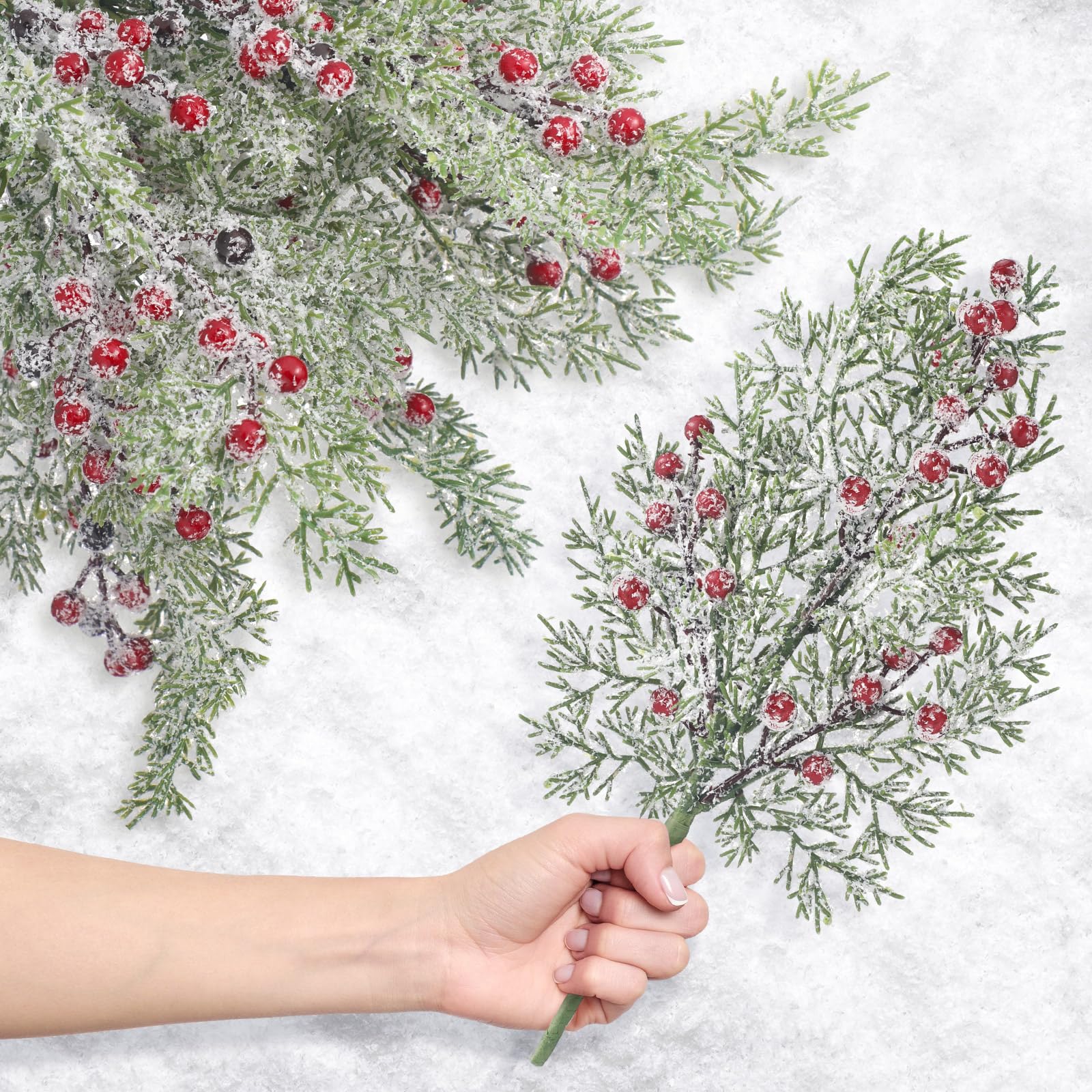 Lyrow Künstliche Wacholder-Zedernzweige für Weihnachten, mit Beeren, künstliche Grünpflanzen, Zweige, Stiele, für Urlaub, Winter, Ornament, Handwerk, Kranz, Girlande (rote Beere mit Schnee)