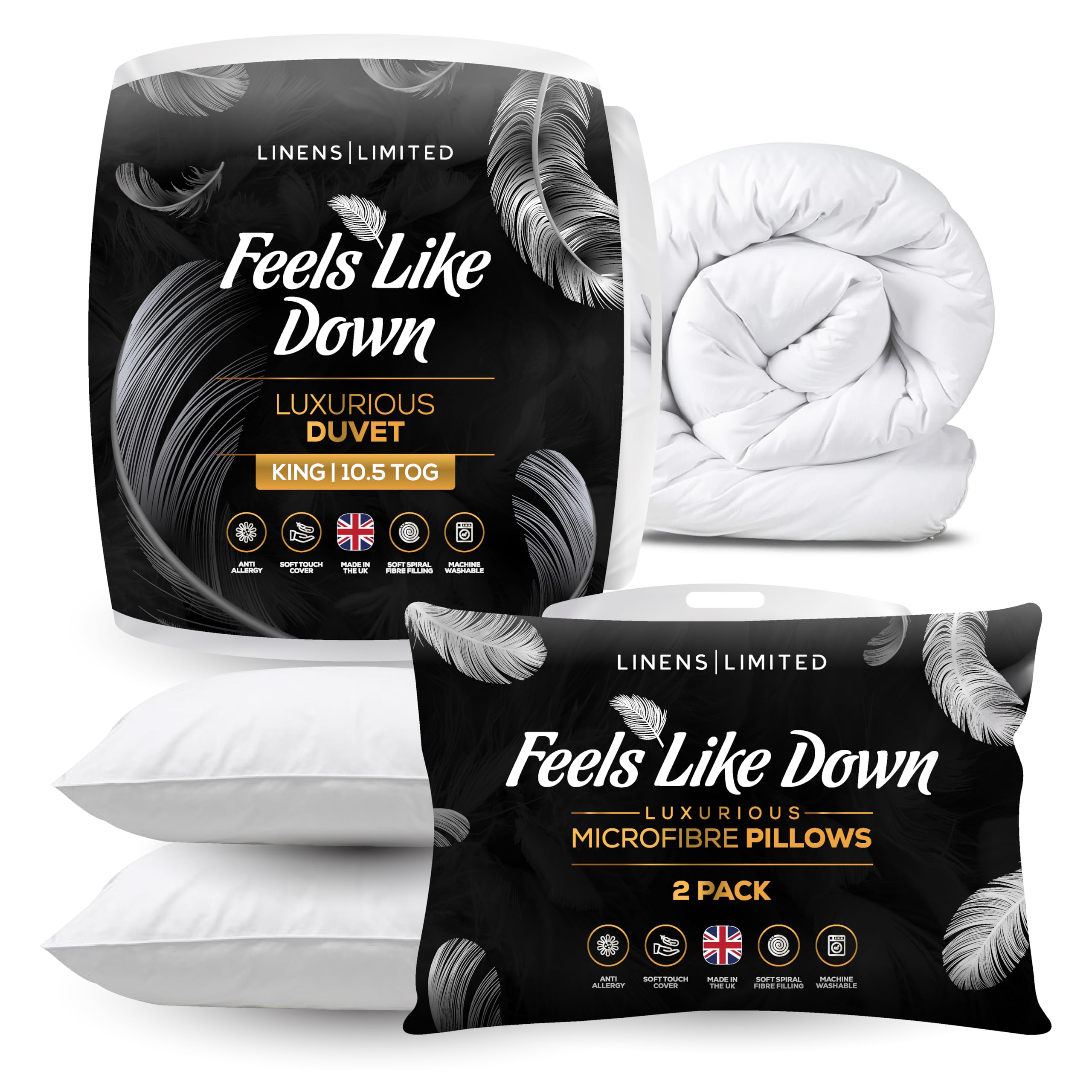 Linens Limited - King Size Duvet 10.5 Tog and Soft Pillows 2 Pack, Made in the UK, Hotel Quality, Feels Like Down, Luxurious Warm Duvet and Bounce Back Pillows, Machine Washable (White)