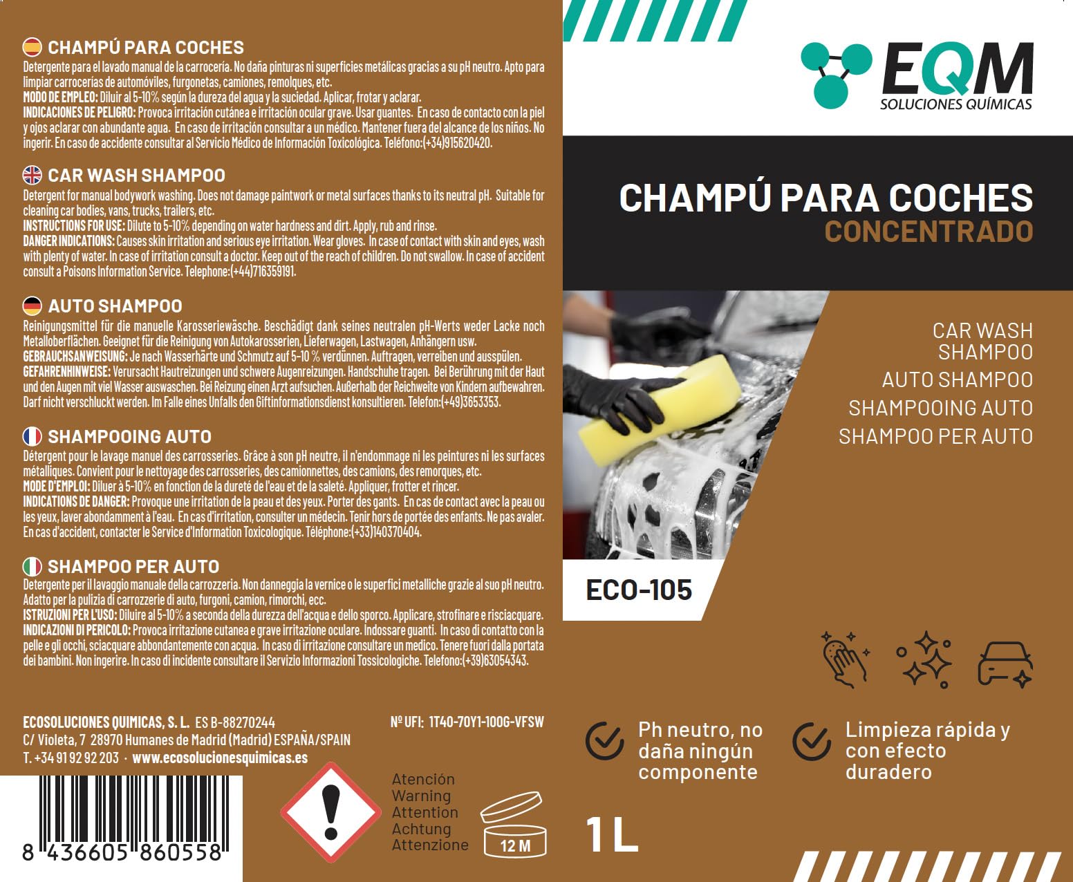Champú Concentrado para Coche ECO-105 1L pH Neutro