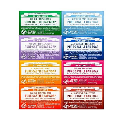 Dr. Bronner's Pure-Castile Magic Bar Jabón (paquete variado de 5 onzas) de almendra, sin perfume, lavanda, menta, cítricos, rosa, árbol de té y