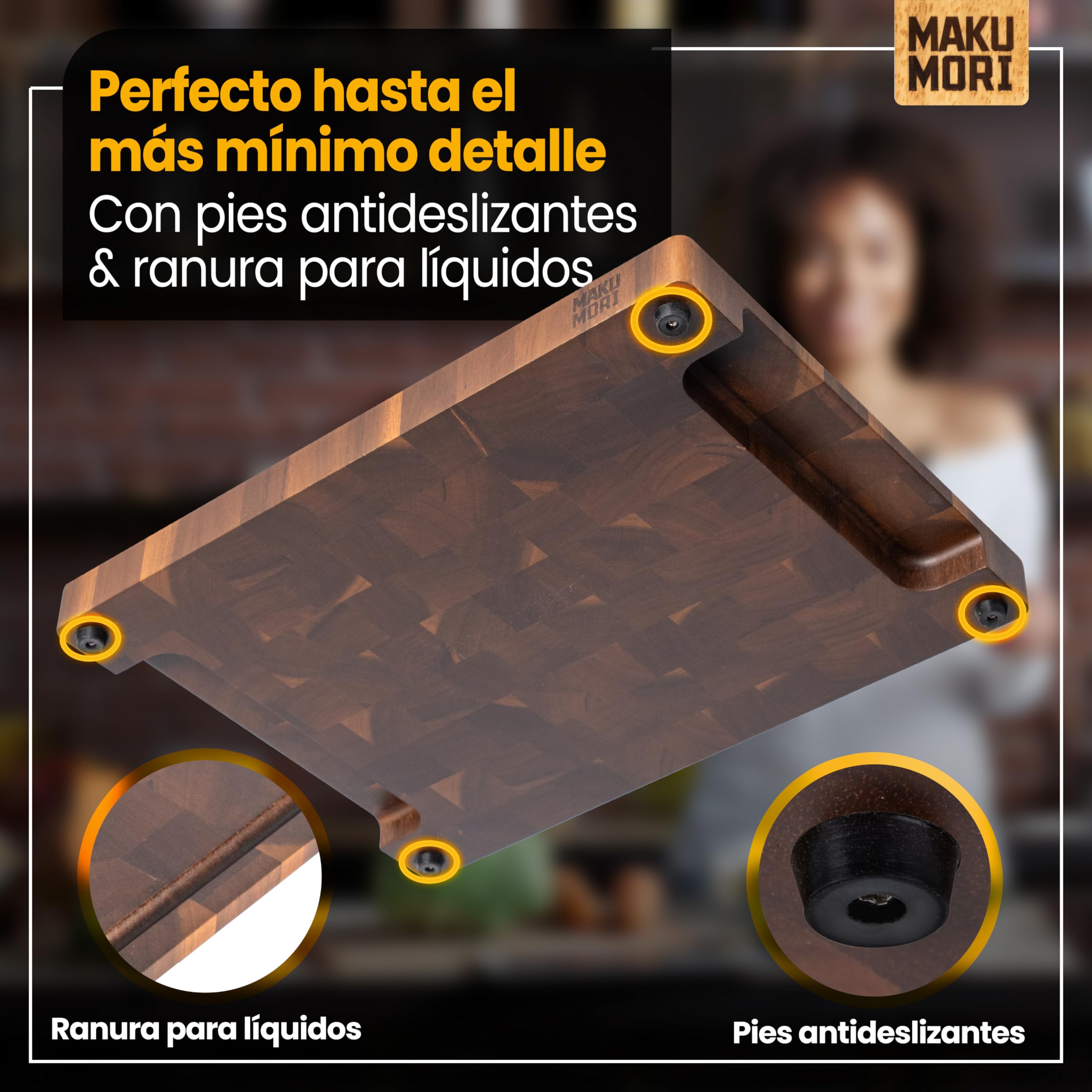 Premium Tabla de Cortar Madera de Testa 40x29x3cm Acacia Oscuro | Tabla de cocina de acacia carbonizada; FSC®; ranura para jugos; asas grandes; pies de goma antideslizantes