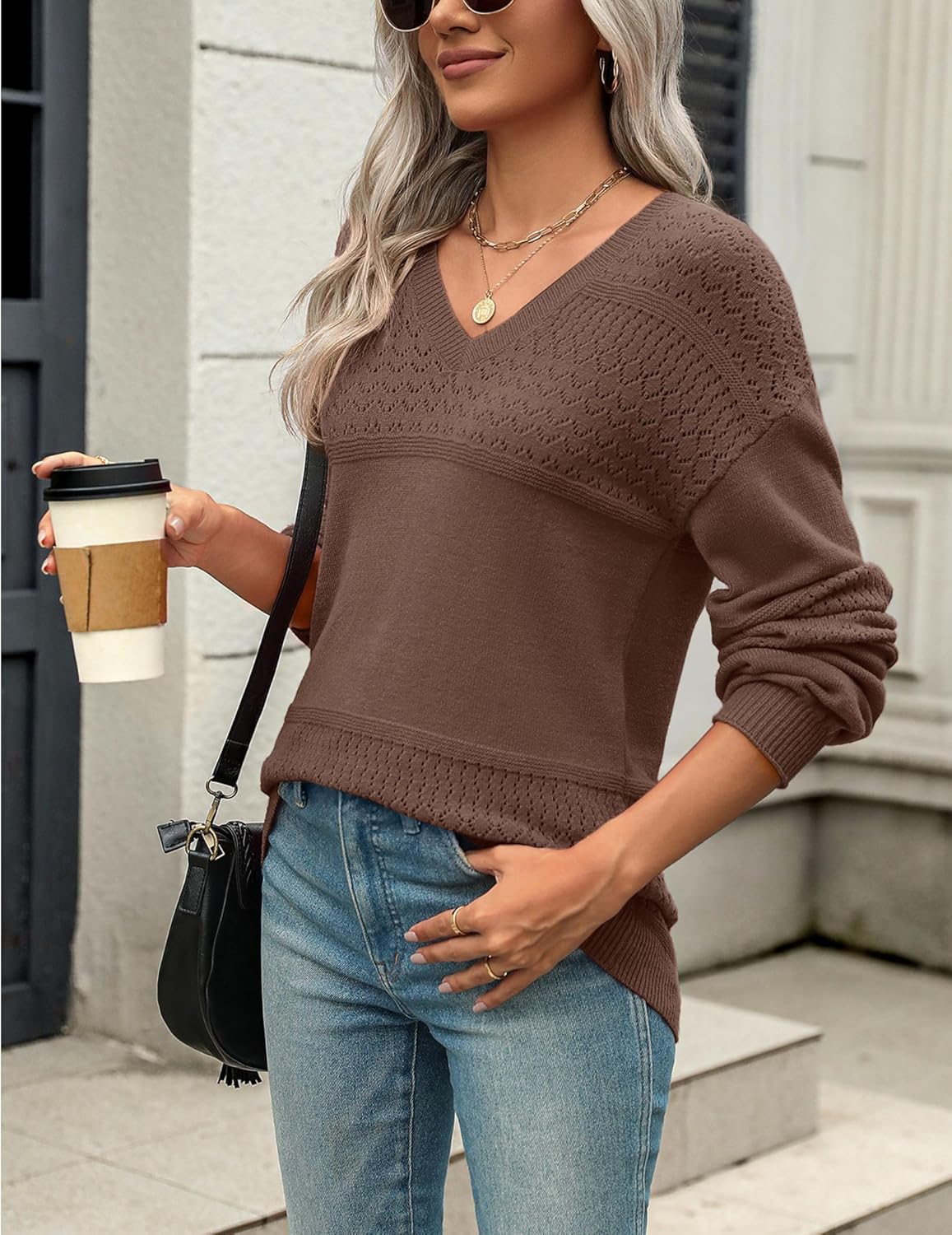 Zeagoo Womens 2026 Fall Sweaters Casual Long Sleeve Ribbed Knit Pullover V Neck Lightweight Crochet Pullover Sweater Top - Image 3