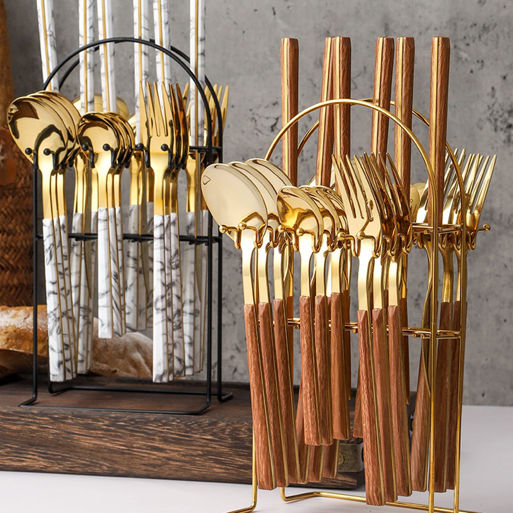 Ensemble D'argenterie avec Couteaux À Steak, Ensemble De Couverts Réutilisables en Acier Inoxydable De 24 Pièces, Finition Polie Miroir Durable pour Un Usage Quotidien, Fête,Marron