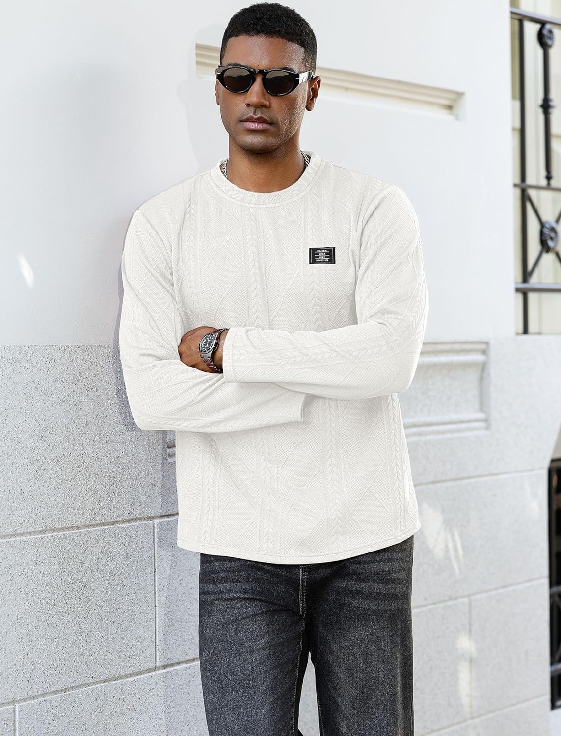 ZAFUL Men's Textured Crewneck Sweatshirts Cable Geometric Jacquard Long Sleeve T Shirt Knitted Pullover Top - Image 3