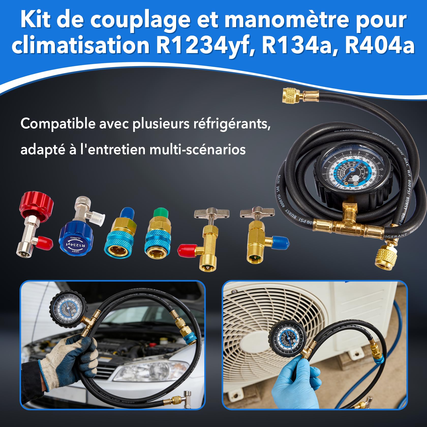 Pindex Kit de Recharge Clim Auto R1234YF, Kit R134A de Recharge pour Climatisation de Voiture, avec Raccord Climatisation