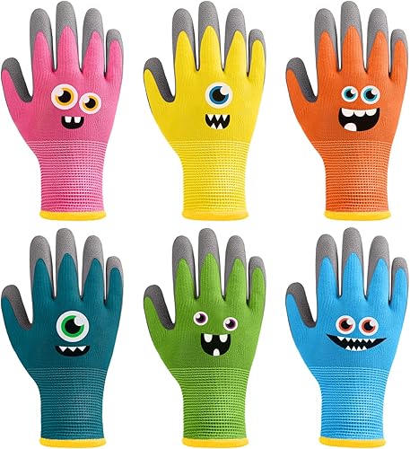Joottuan 6 pares de guantes de jardinería para niños, guantes de trabajo para niños, guantes de jardín con revestimiento de goma para niños pequeños