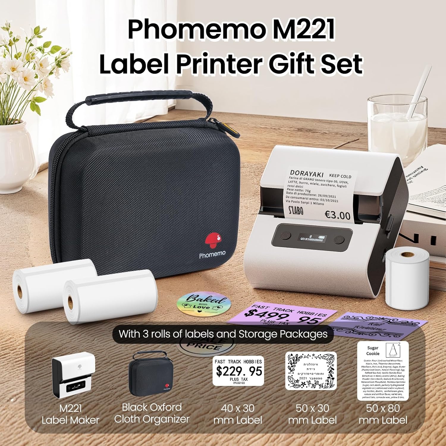 Phomemo M221 Label Printer Gift Set with printer, carrying case, and three rolls of labels