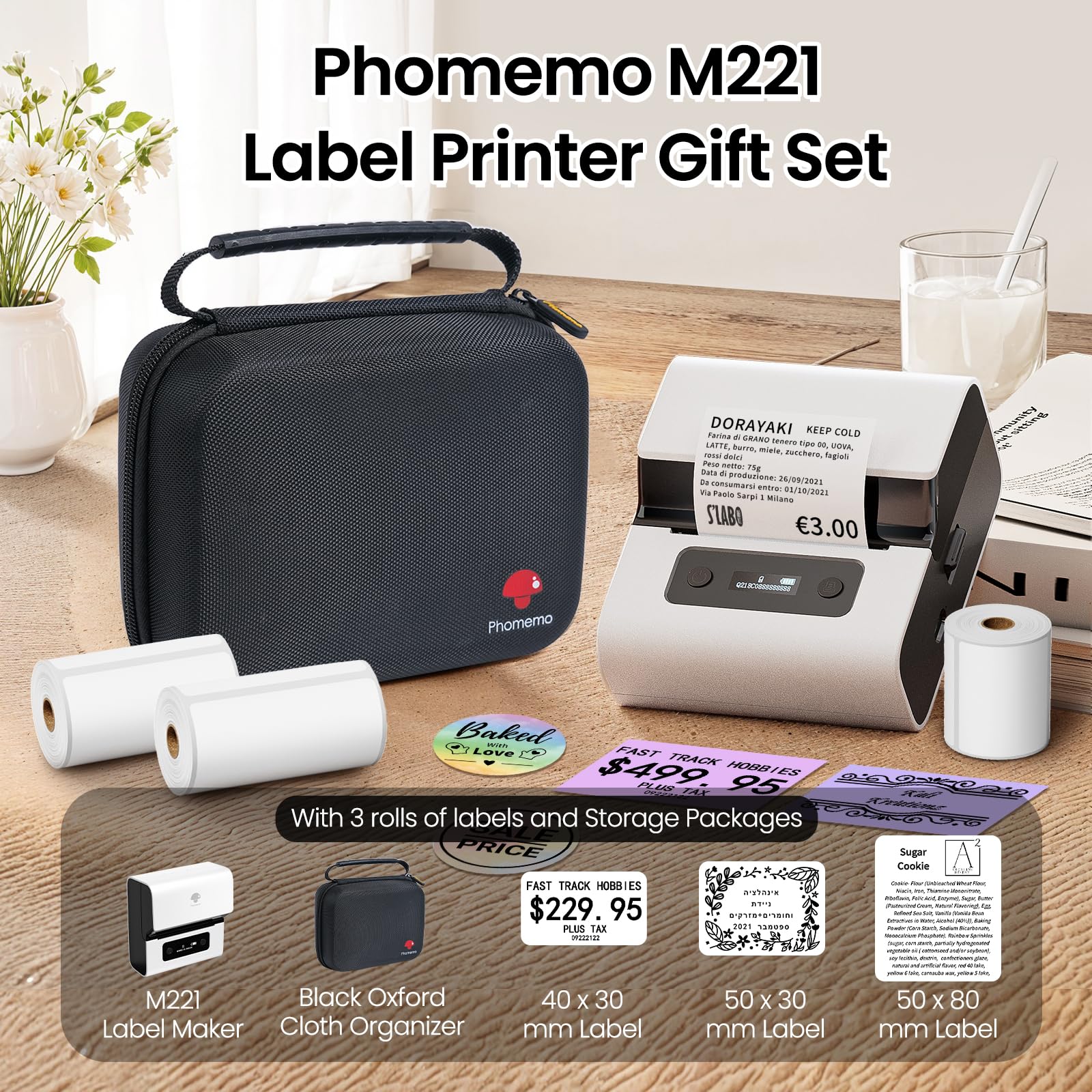 Phomemo M221 Imprimante d'étiquettes Thermique Bluetooth Portable Blanc avec 3 Rouleaux d'étiquettes et Sac