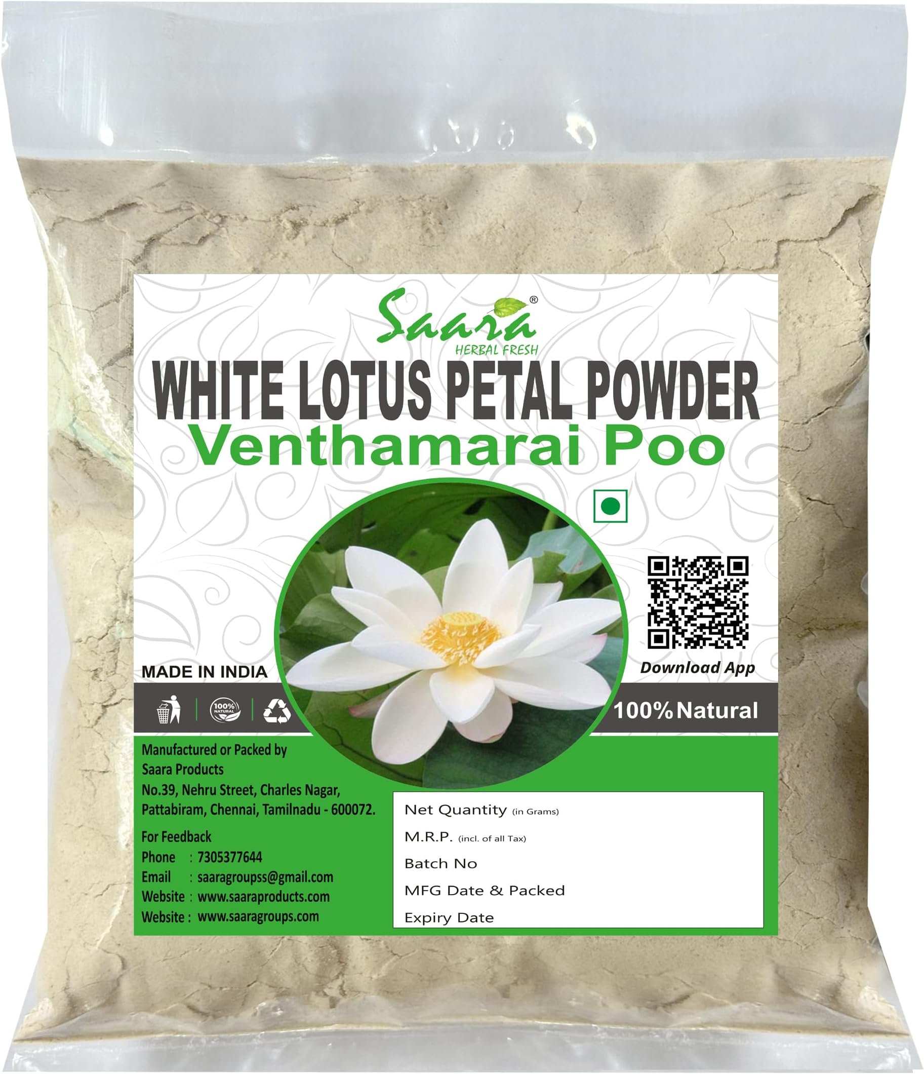SAARA White Lotus Powder | Nelumbo Nucifera | Venthamarai Powder, 50g